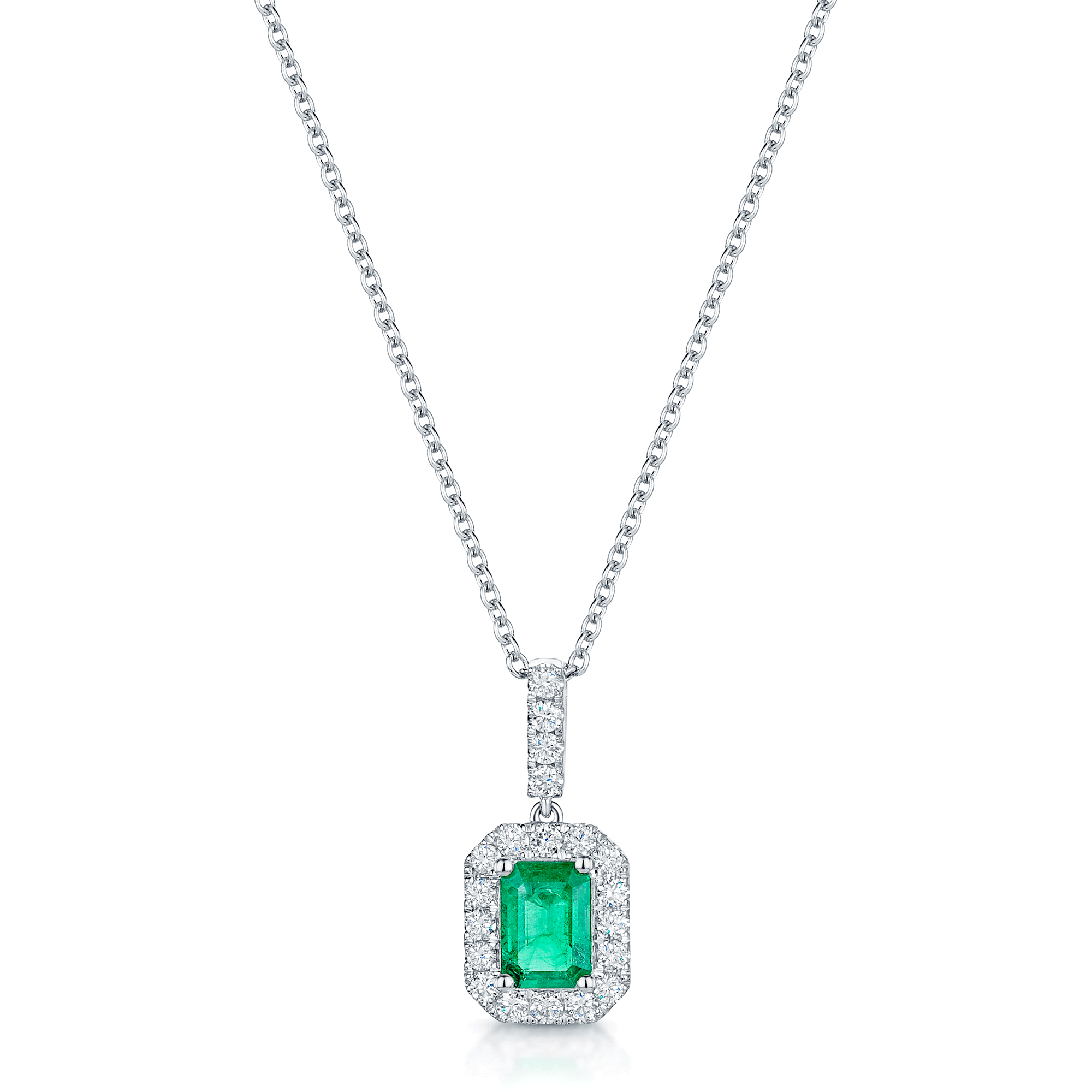 Berry's Platinum Emerald And Diamond Halo Pendant - Berry's Jewellers