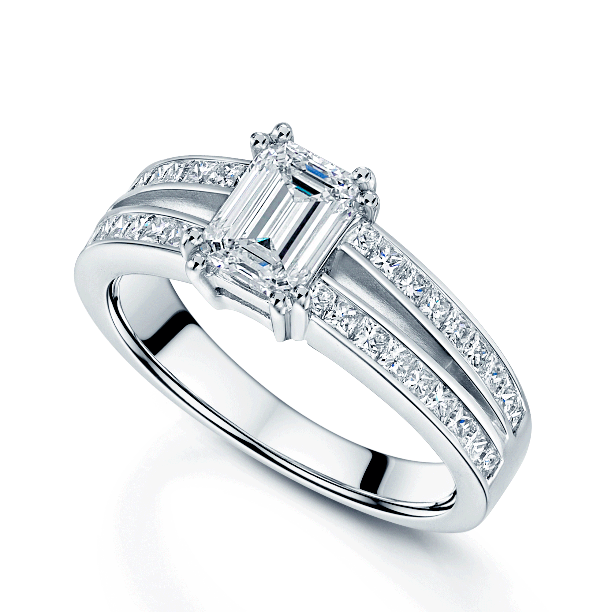 Berry's Platinum Emerald Cut 0.70 Carat Diamond Ring With Diamond Set Split Shoulders - Berry's Jewellers