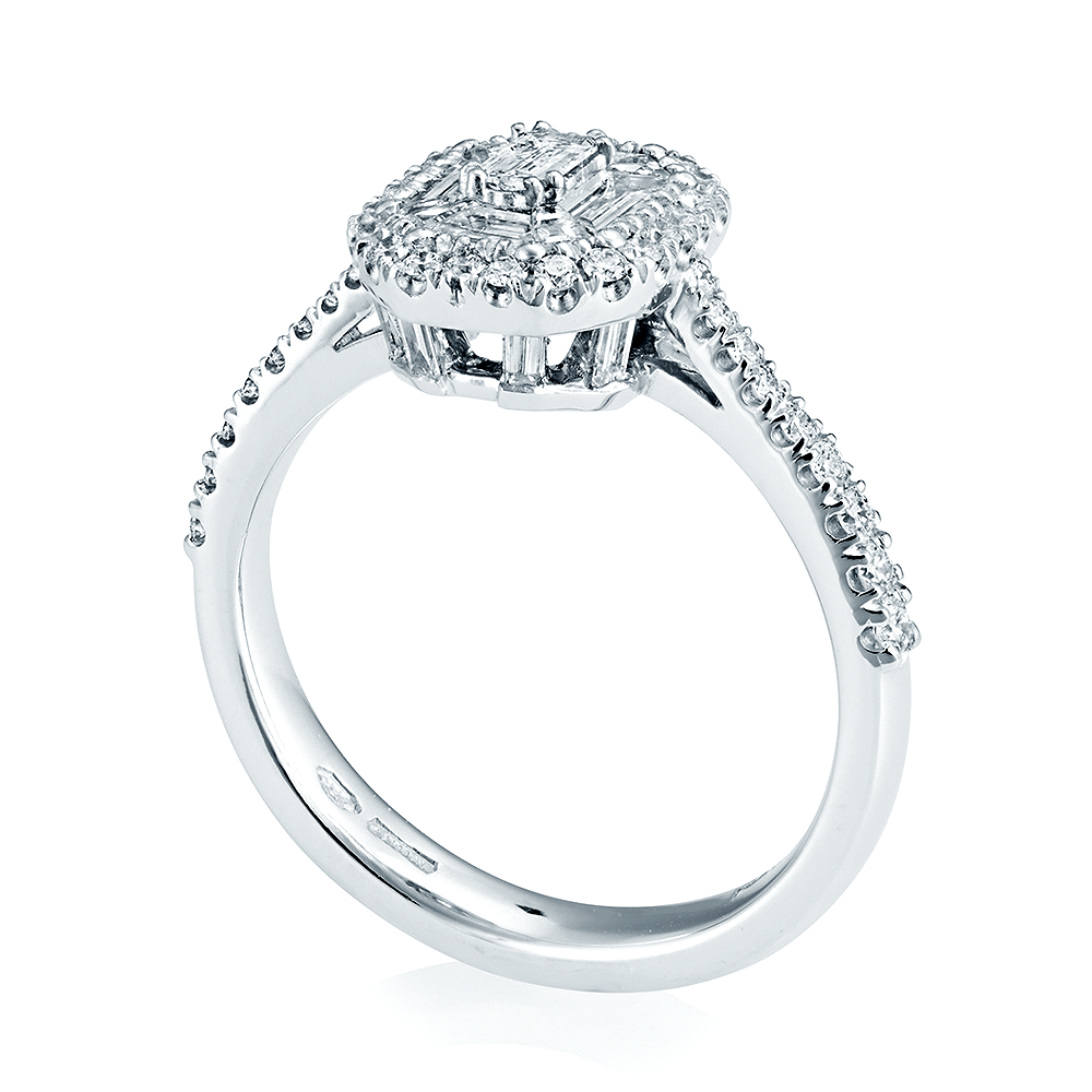 Berry's Platinum Emerald Cut & Double Diamond Surround Engagement Ring - Berry's Jewellers