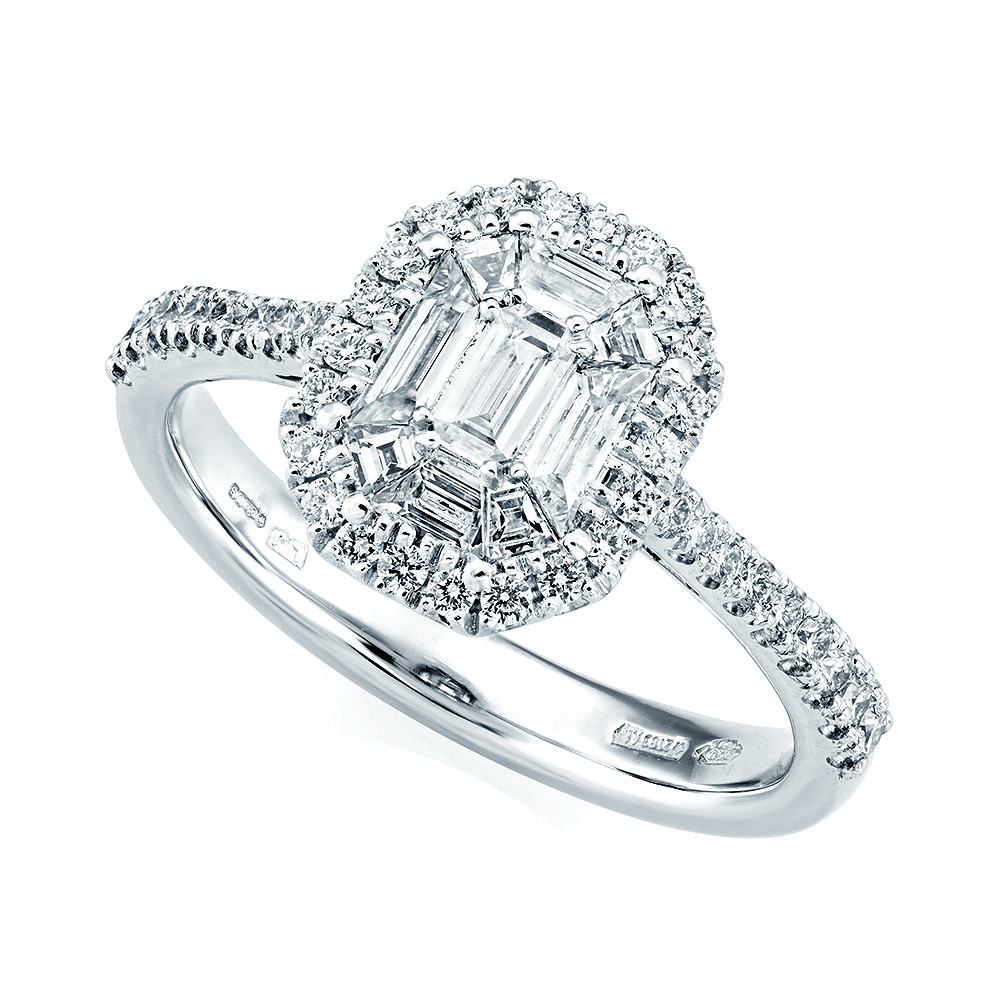 Berry's Platinum Emerald Cut & Double Diamond Surround Engagement Ring - Berry's Jewellers