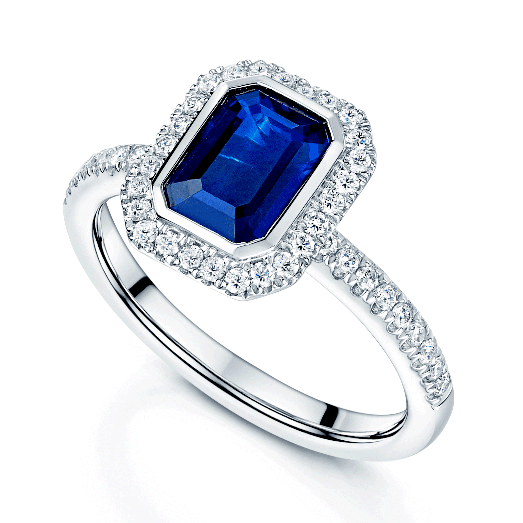 Berry's Platinum Emerald Cut Sapphire And Diamond Cluster Ring With Diamond Set Shoulders - Berry's Jewellers