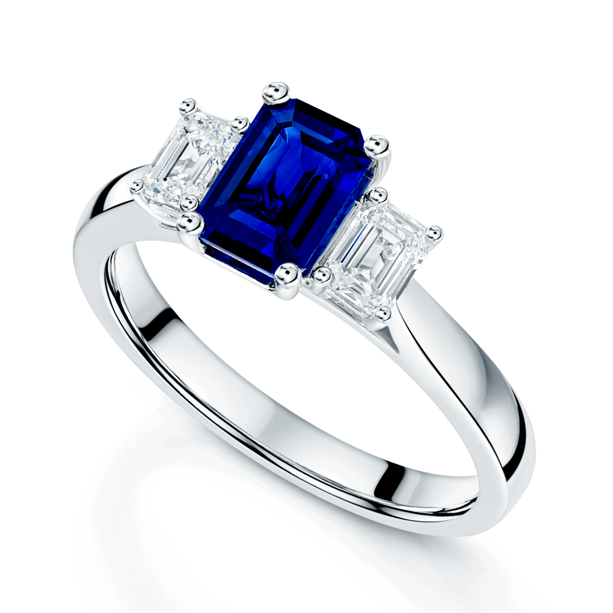 Berry's Platinum Emerald Cut Sapphire And Diamond Three Stone Ring - Berry's Jewellers