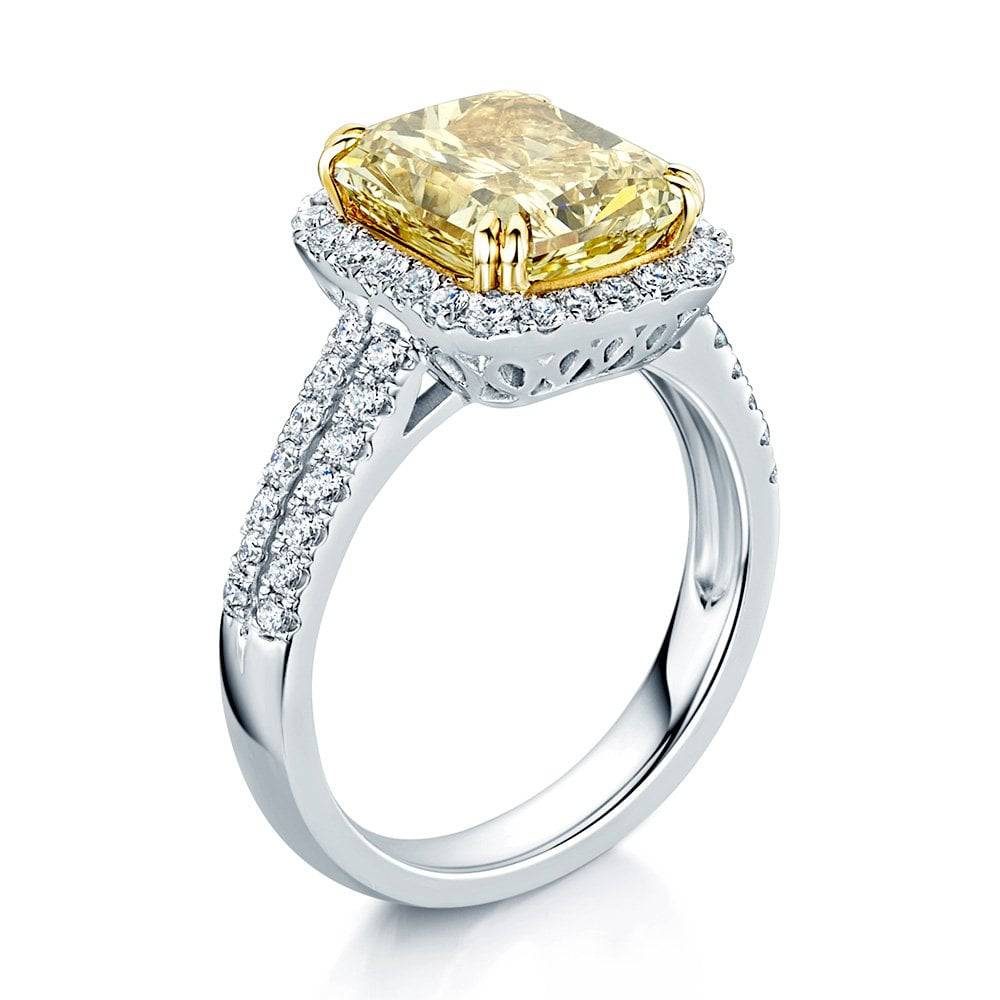 Berry's Platinum GIA Certificated Cushion Shape Yellow Diamond Halo Ring With Diamond Set Shoulders - Berry's Jewellers