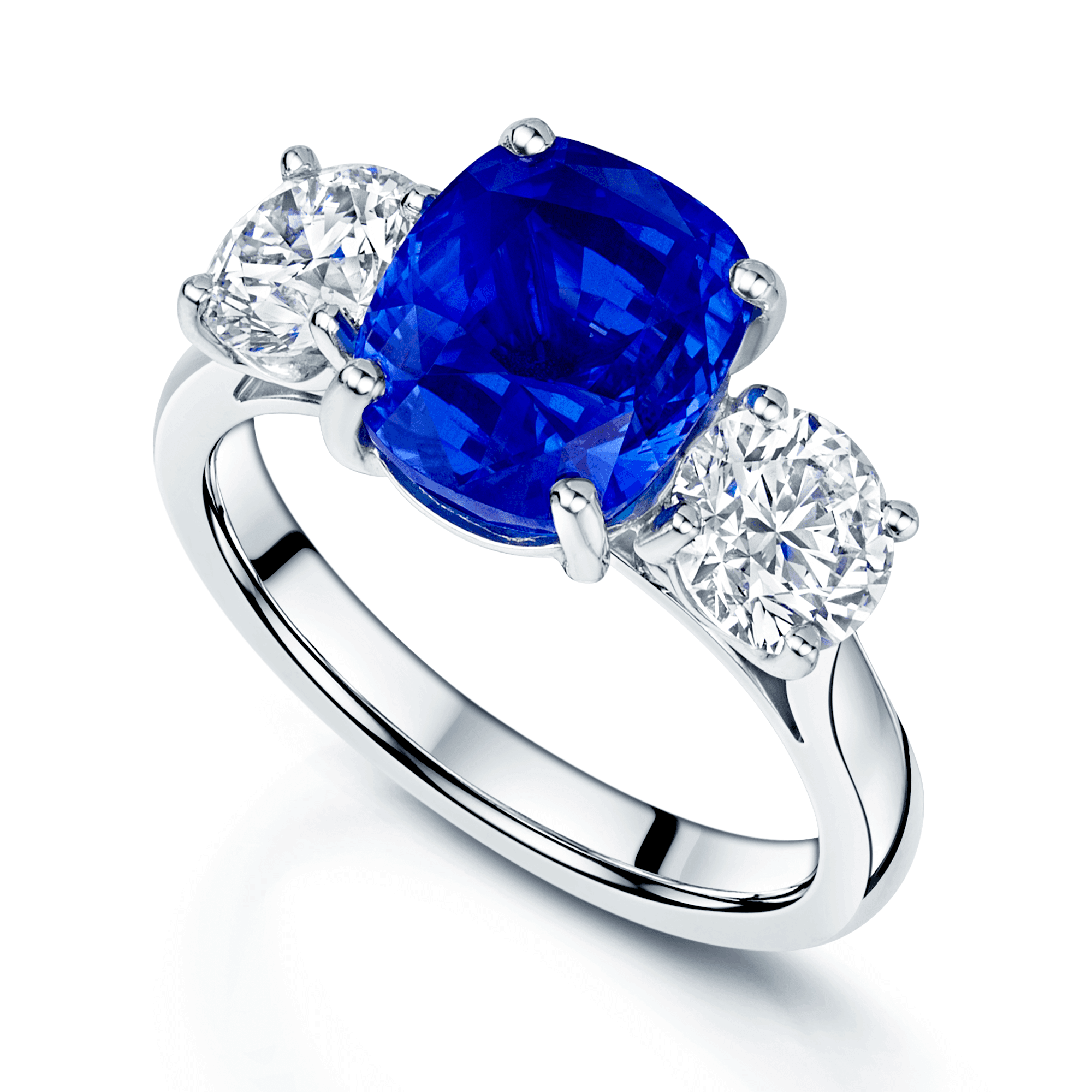 Platinum GIA Certificated Cushion Unheated Sri Lankan Sapphire And Round Brilliant Diamond Three Stone Ring