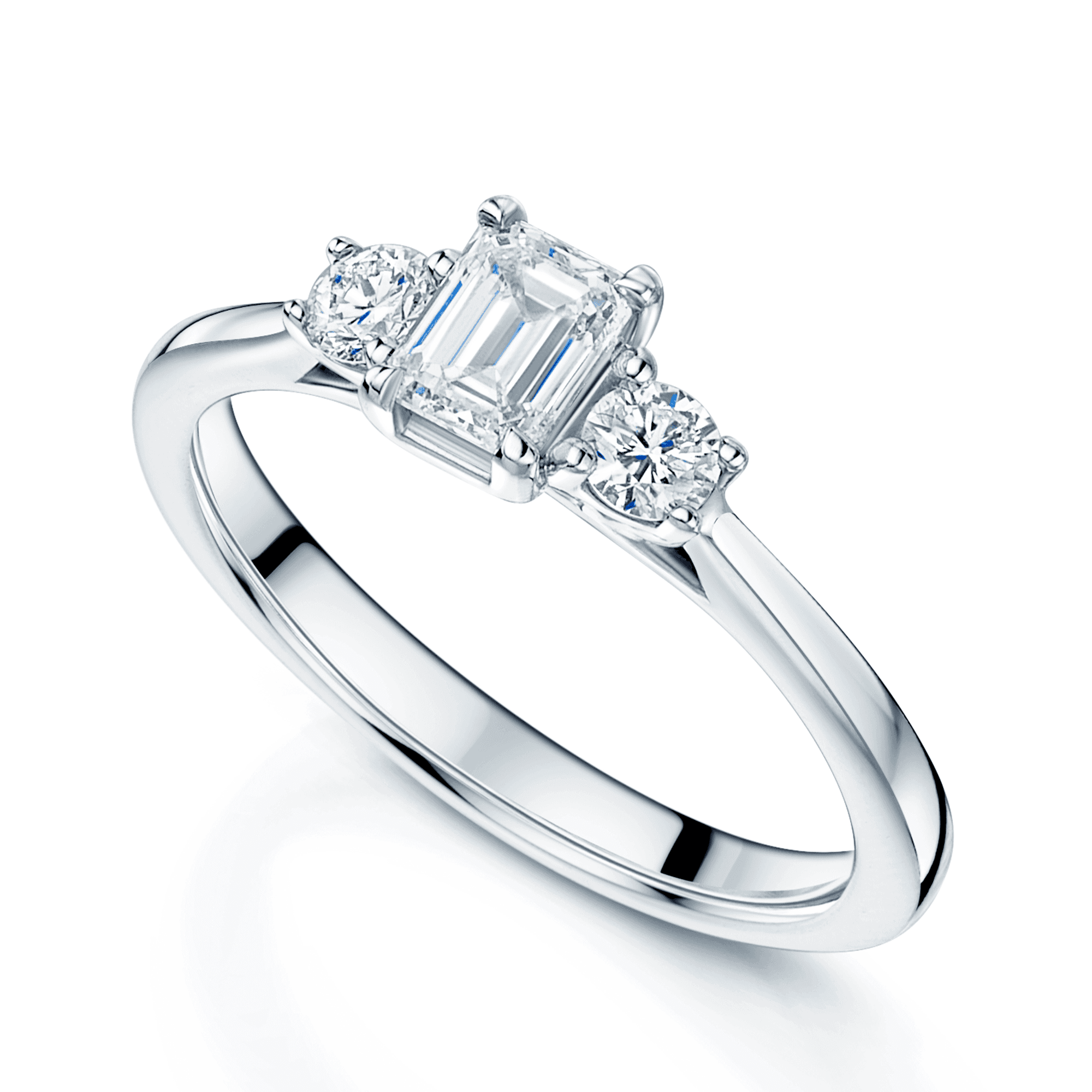 Berry's Platinum GIA Certificated Emerald Cut And Round Brilliant Cut Diamond Three Stone Ring - Berry's Jewellers