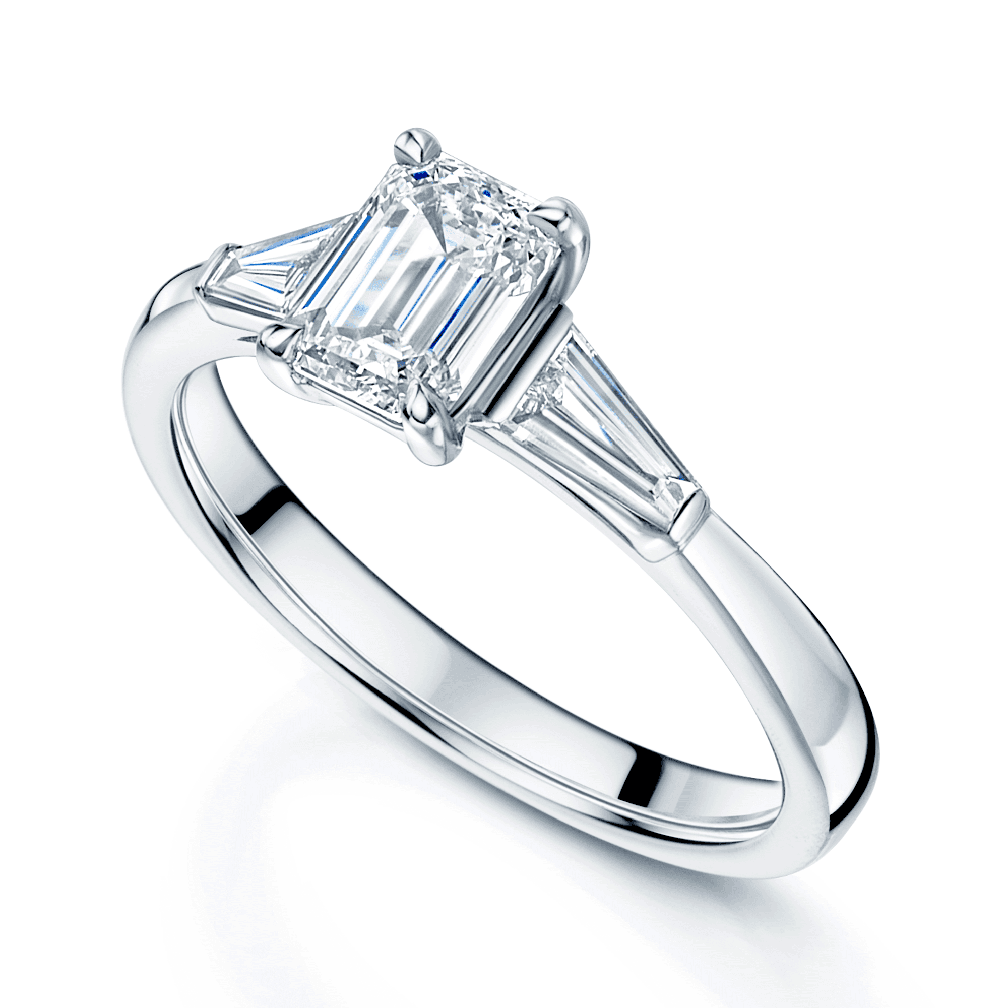 Berry's Platinum GIA Certificated Emerald Cut Diamond And Tapered Baguette Cut Three Stone Engagement Ring - Berry's Jewellers