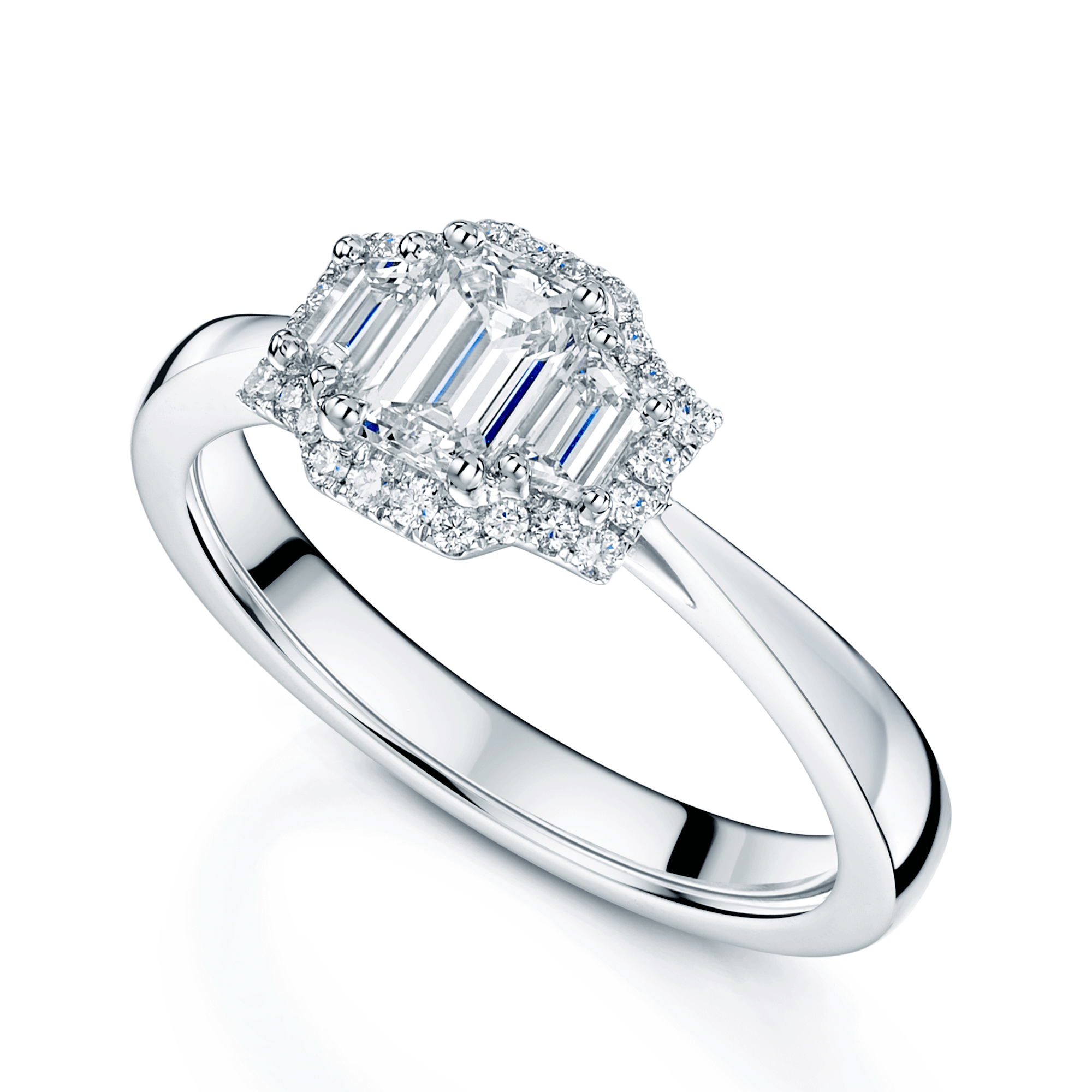 Berry's Platinum GIA Certificated Emerald Cut Diamond Trilogy Halo Ring - Berry's Jewellers