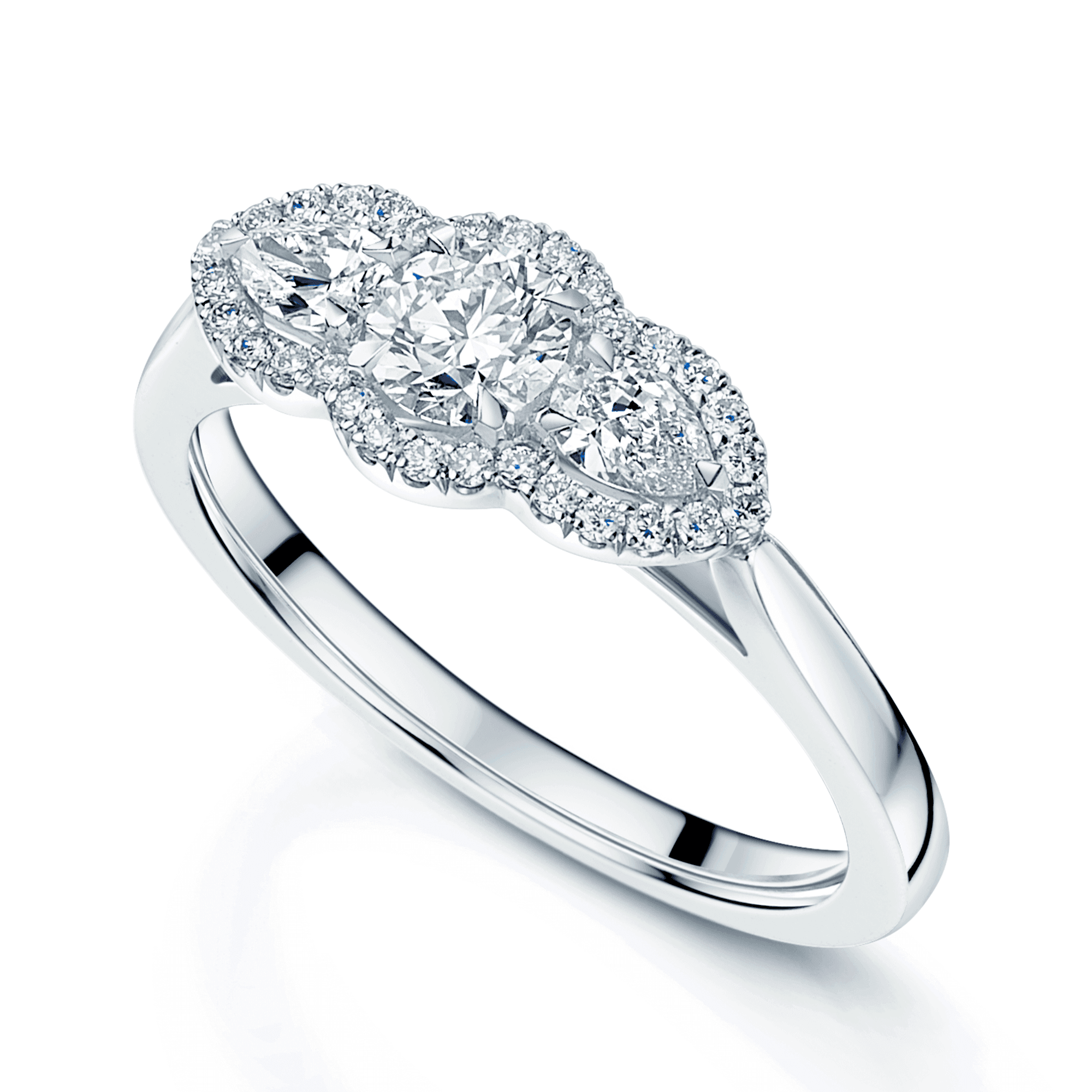 Berry's Platinum GIA Certificated Round Brilliant cut and Pear Cut Diamond Halo Three Stone Ring - Berry's Jewellers