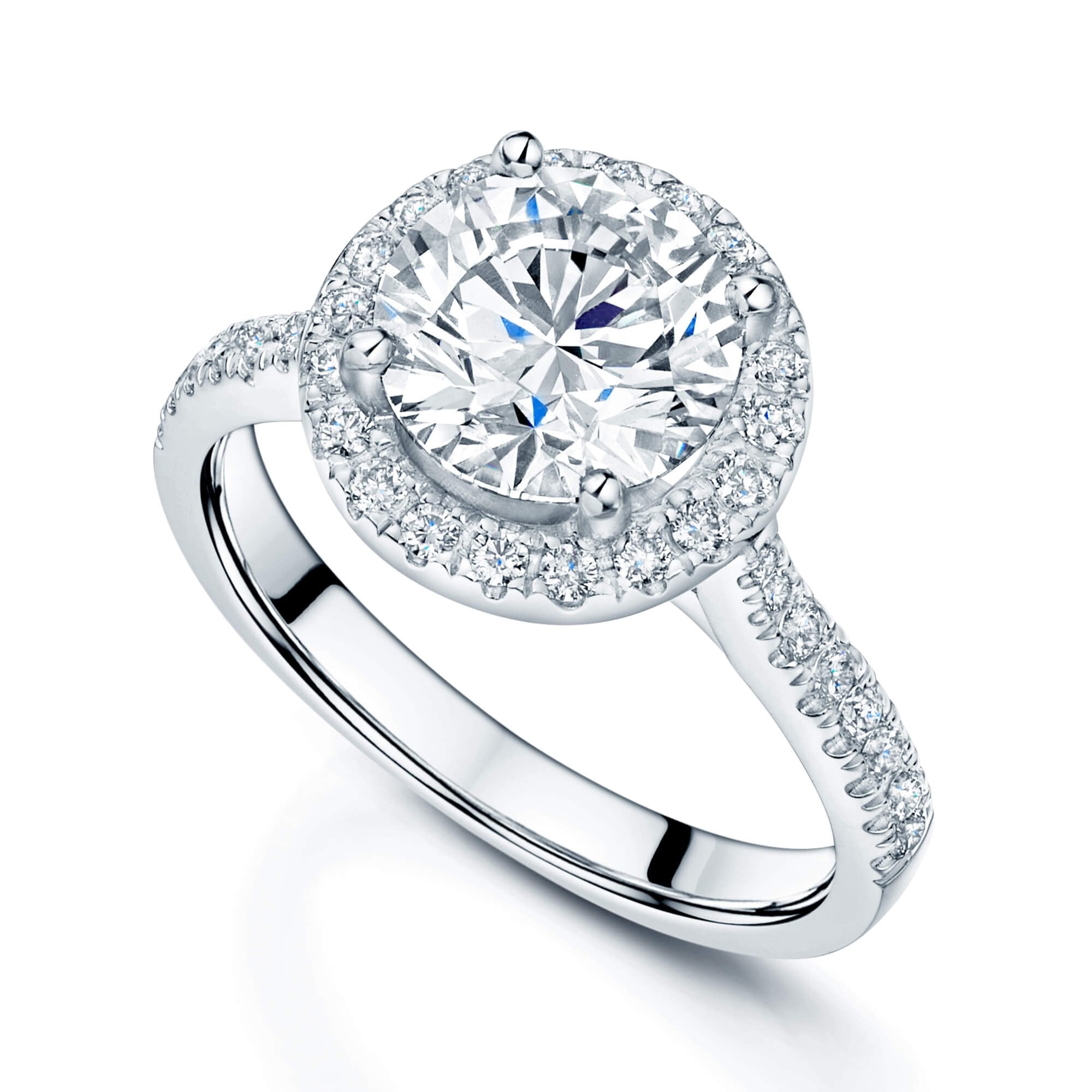 Platinum GIA Certificated Round Brilliant Cut Diamond Halo Ring with Diamond Set Shoulders