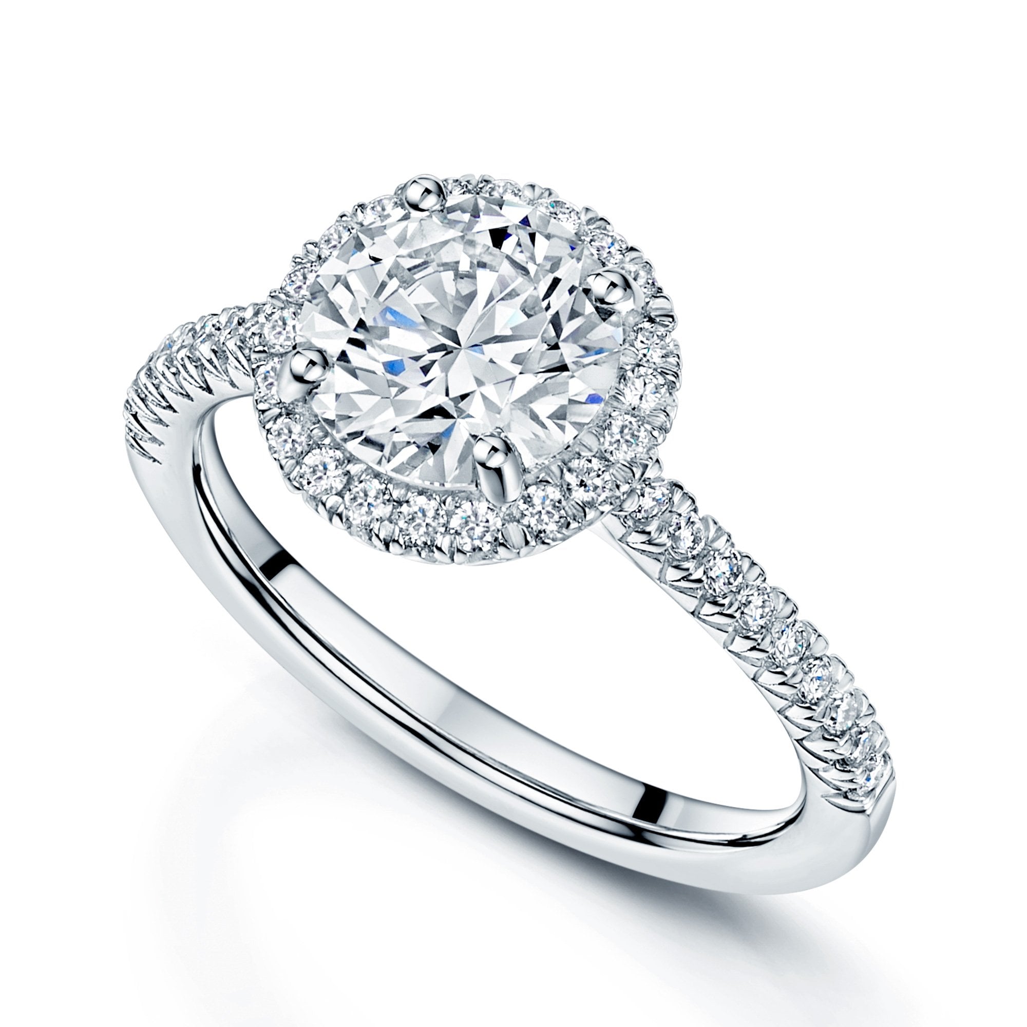 Platinum GIA Certificated Round Brilliant Cut Diamond Halo Ring With Diamond Shoulders