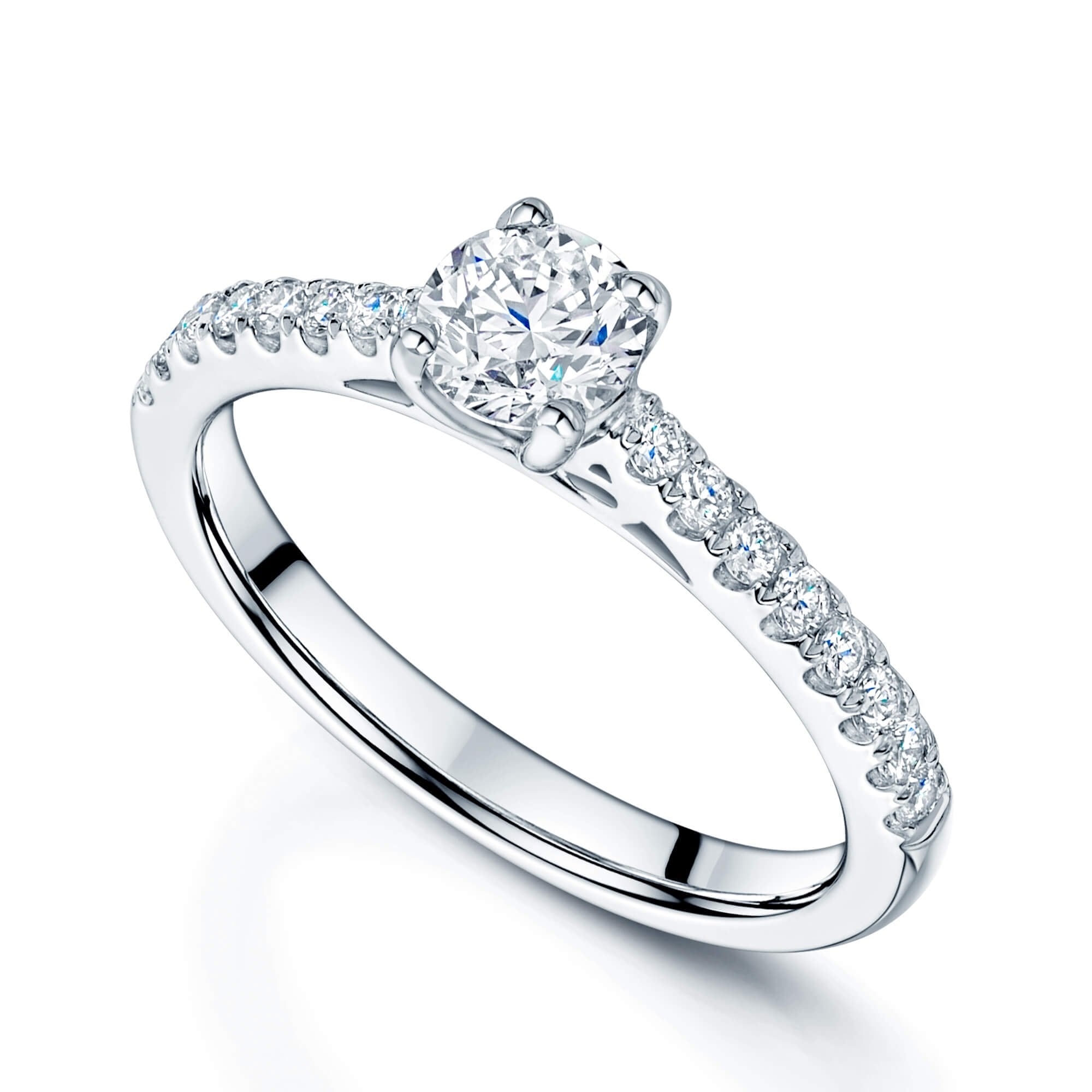 Platinum GIA Round Brilliant Diamond Cut Ring with Diamond Set Shoulders