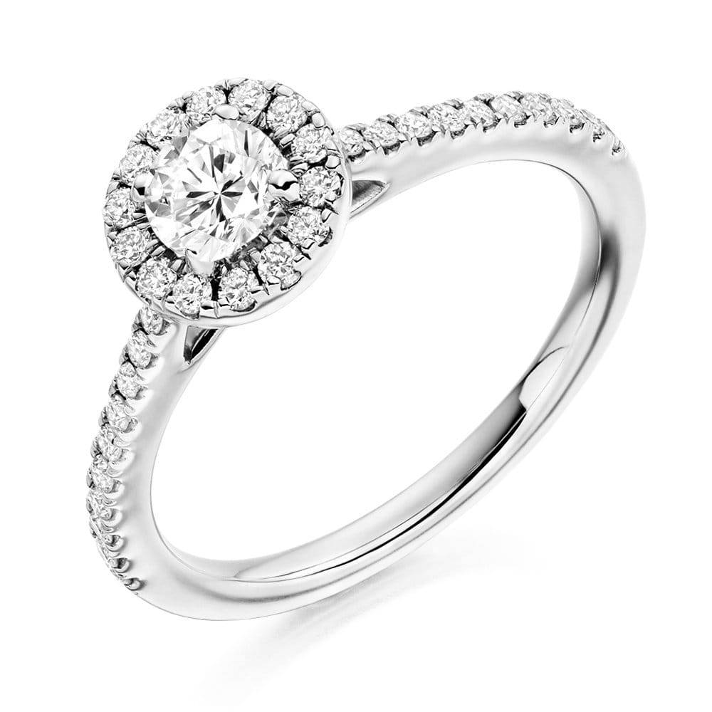 Platinum Halo Set Brilliant Cut Diamond Cluster Ring with Diamond Set Shoulders