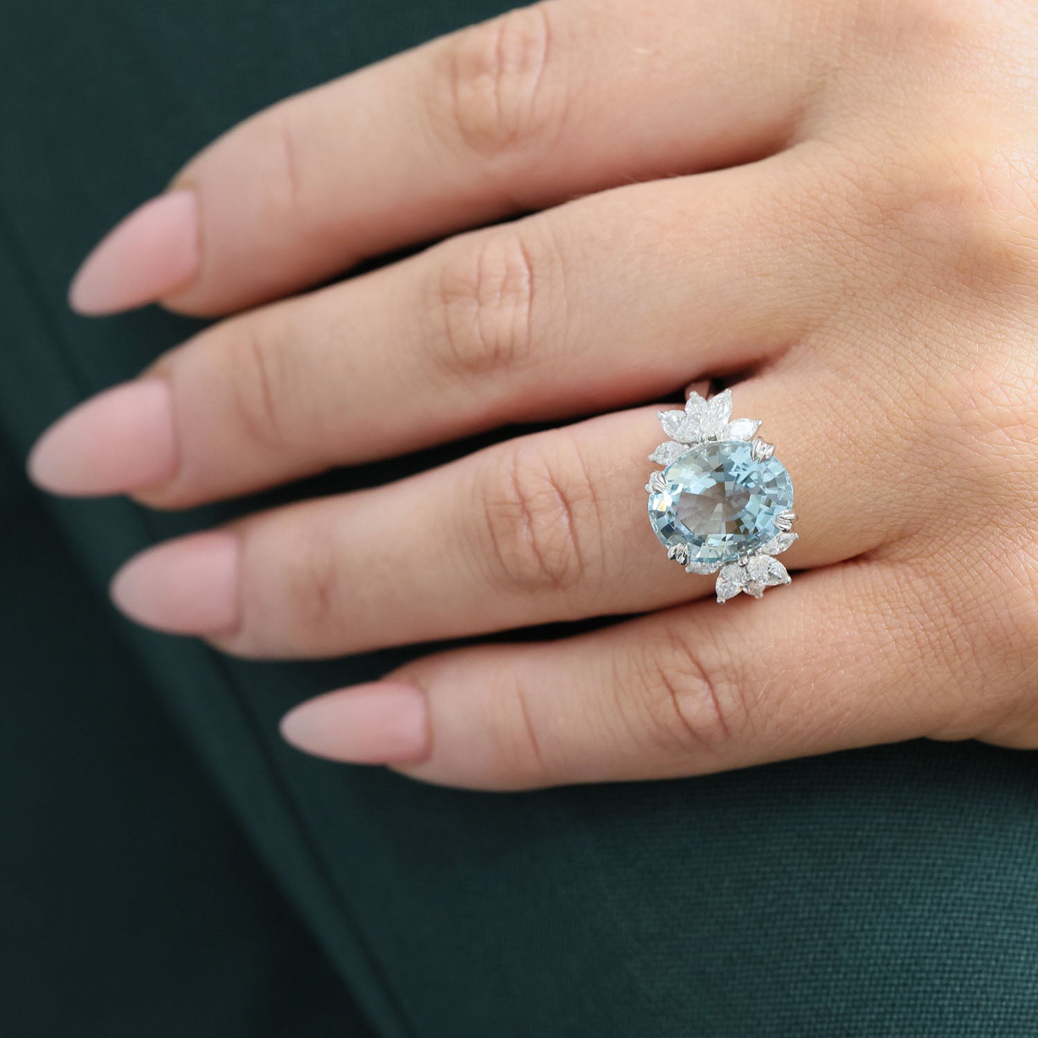 Berry's Platinum Oval Aquamarine With Marquise Cut Diamond Cluster Shoulders Ring - Berry's Jewellers