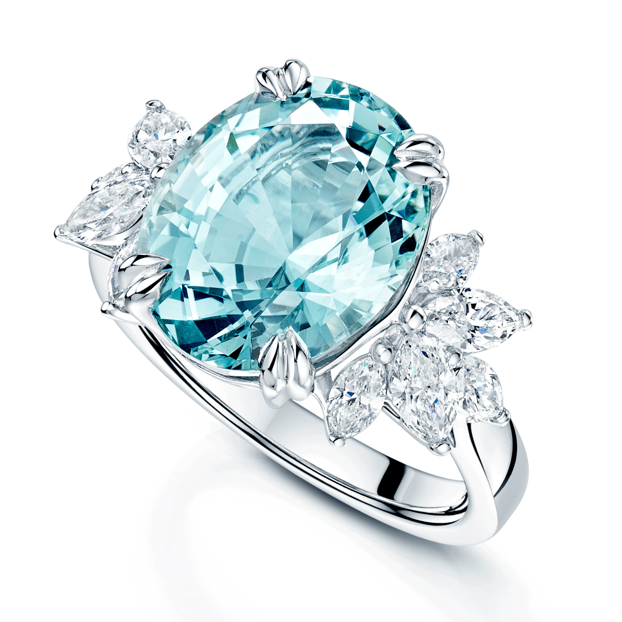 Berry's Platinum Oval Aquamarine With Marquise Cut Diamond Cluster Shoulders Ring - Berry's Jewellers