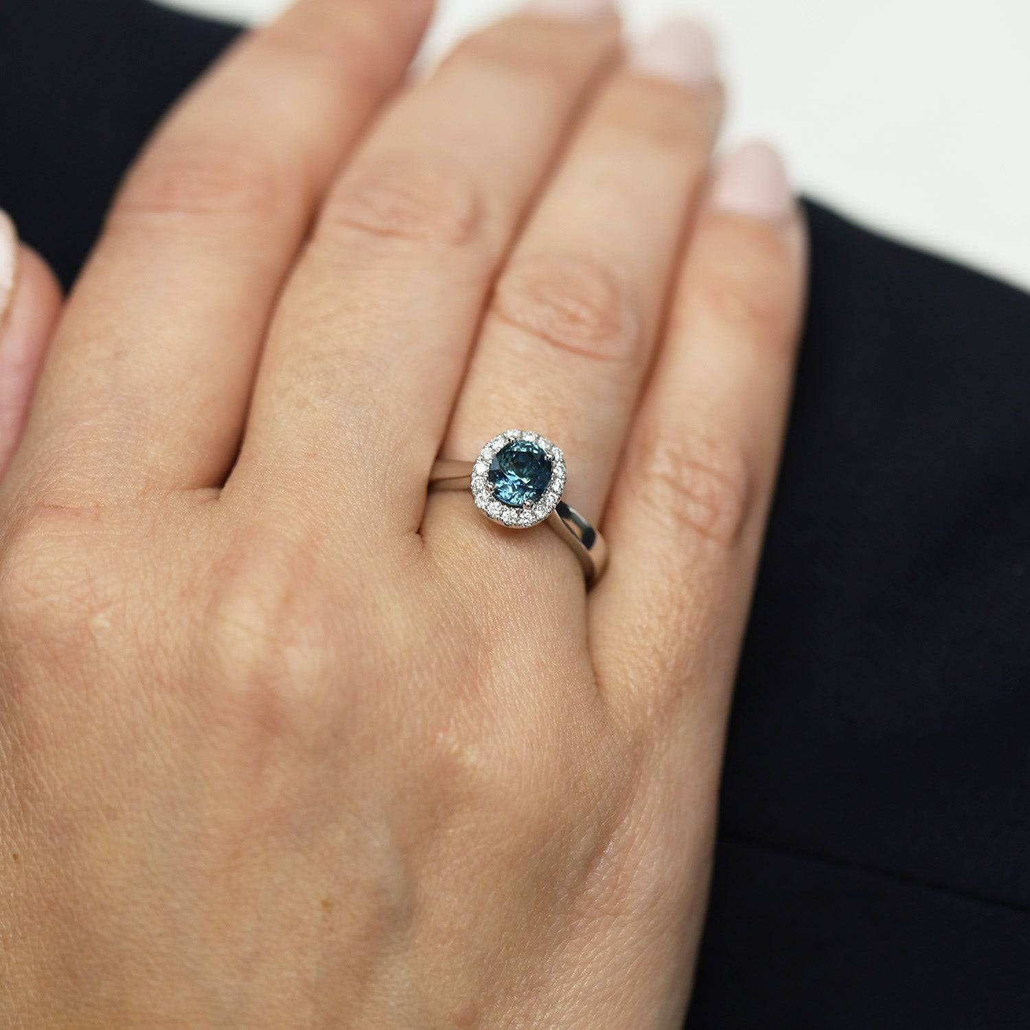 Berry's Platinum Oval Blue-Green Sapphire Diamond Halo Set Ring - Berry's Jewellers