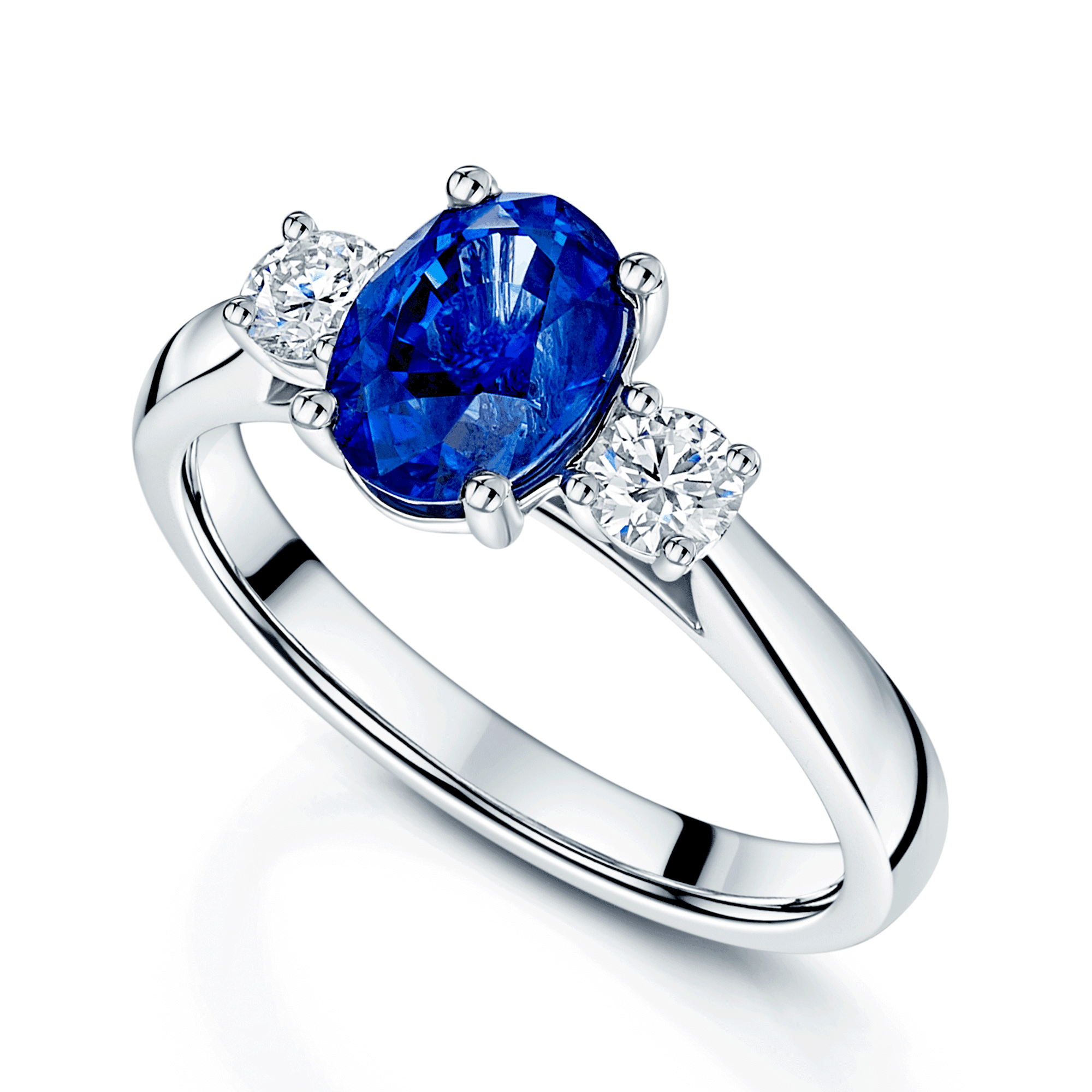 Berry's Platinum Oval Blue Sapphire & Round Brilliant Cut Diamond Three Stone Ring - Berry's Jewellers