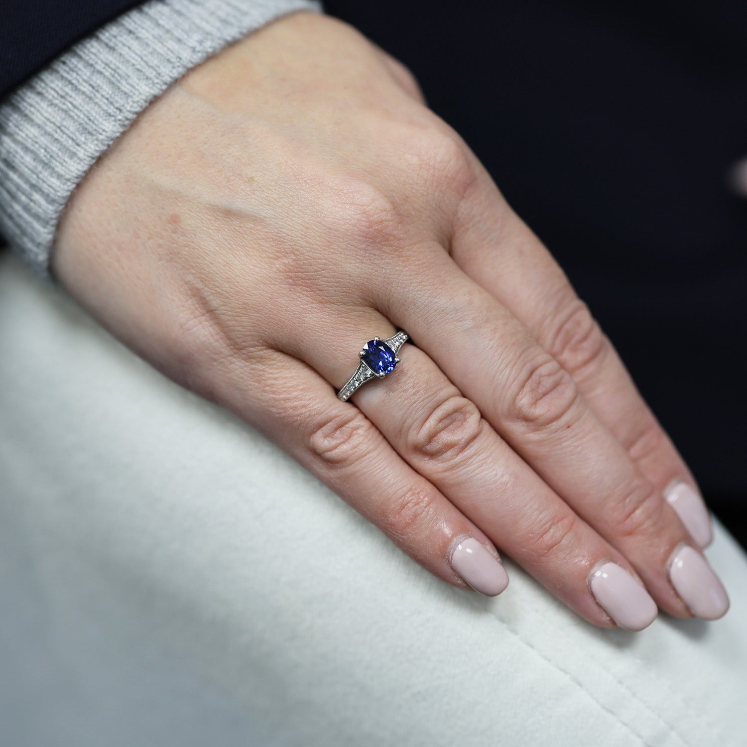 Platinum Oval Claw Set Sapphire Ring With Bead Edge Grain Set Diamond Shoulders