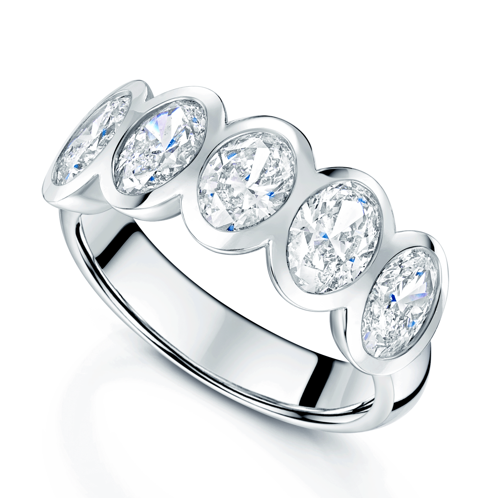 Berry's Platinum Oval Cut Diamond Five Stone Rub Over Set Eternity Ring - Berry's Jewellers