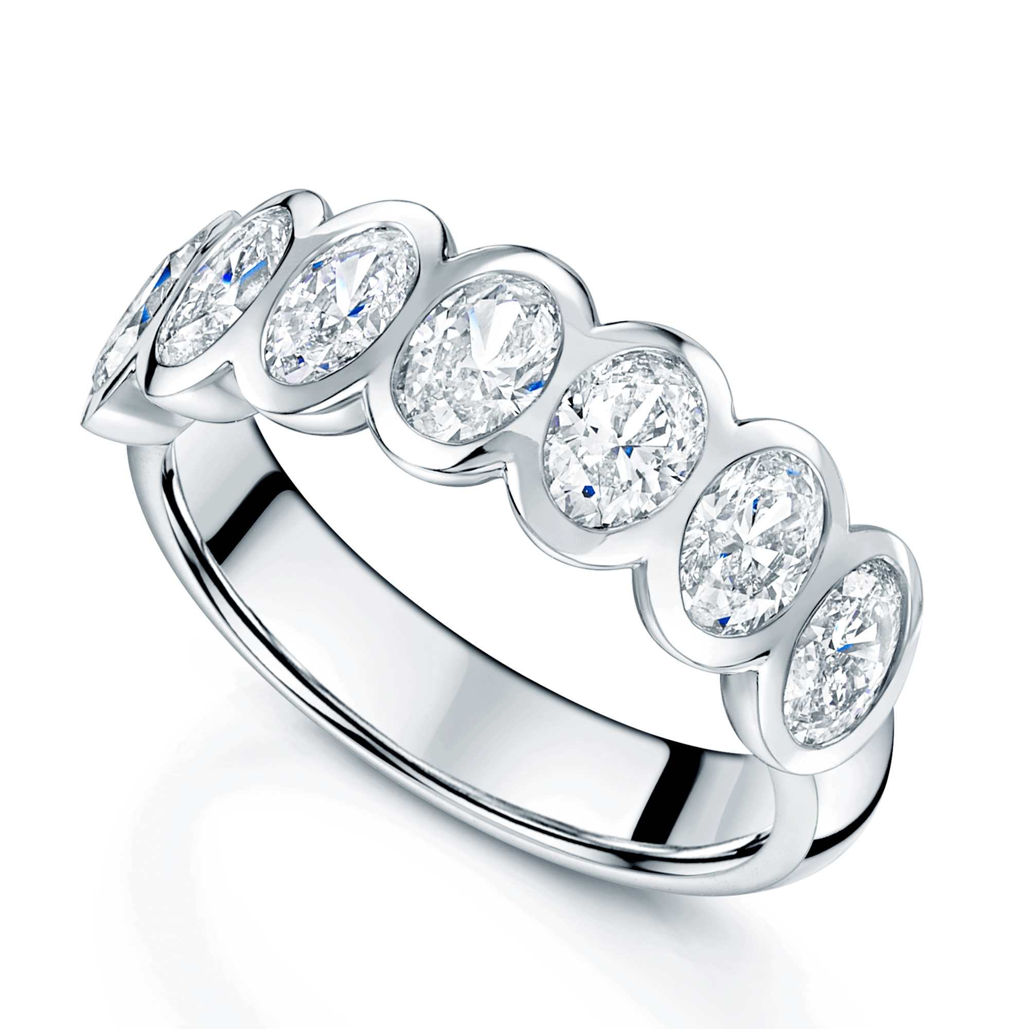 Platinum Oval Cut Diamond Seven Stone Rub Over Set Eternity Ring