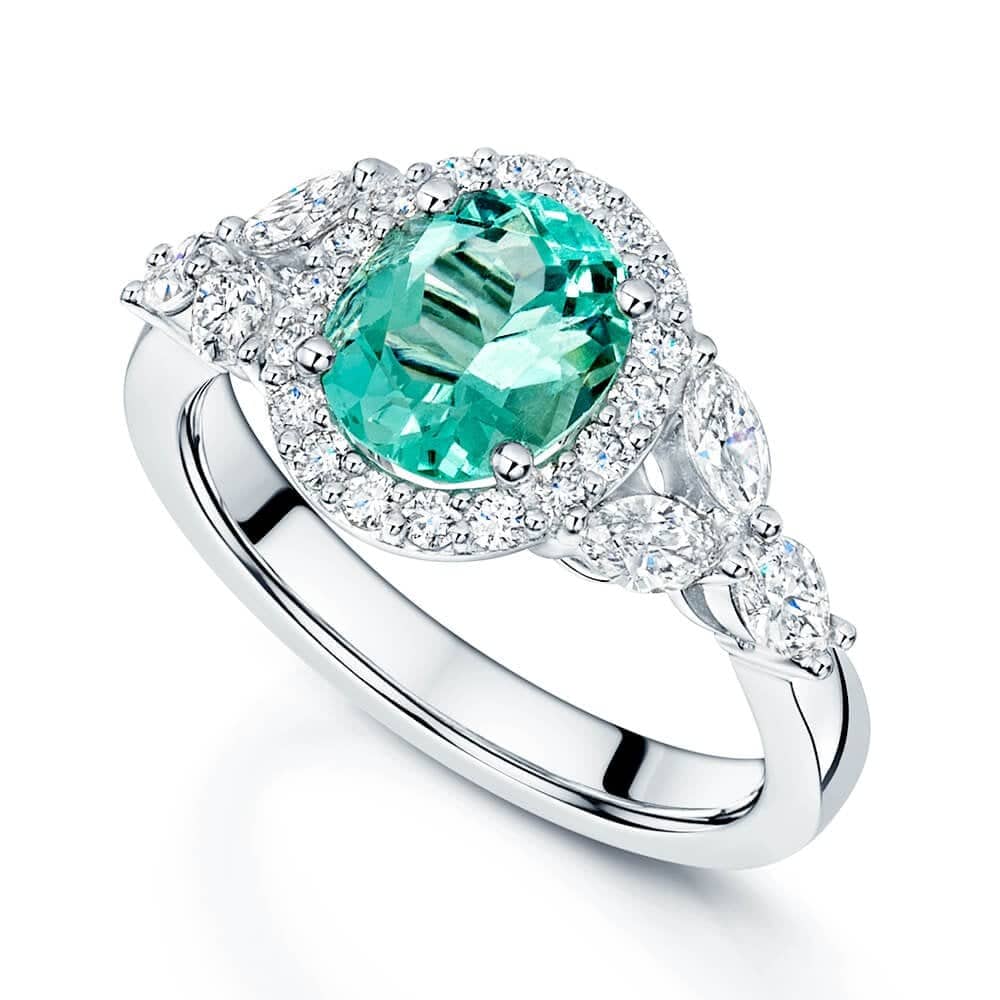 Berry's Platinum Oval Cut Green Beryl & Marquise & Round Brilliant Cut Diamond Cluster Ring - Berry's Jewellers