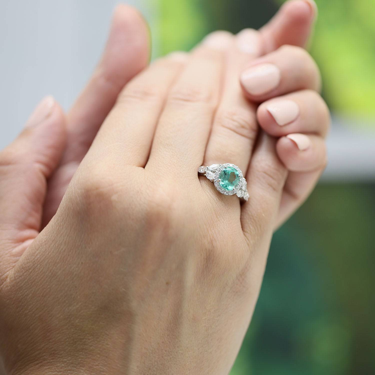 Berry's Platinum Oval Cut Green Beryl & Marquise & Round Brilliant Cut Diamond Cluster Ring - Berry's Jewellers