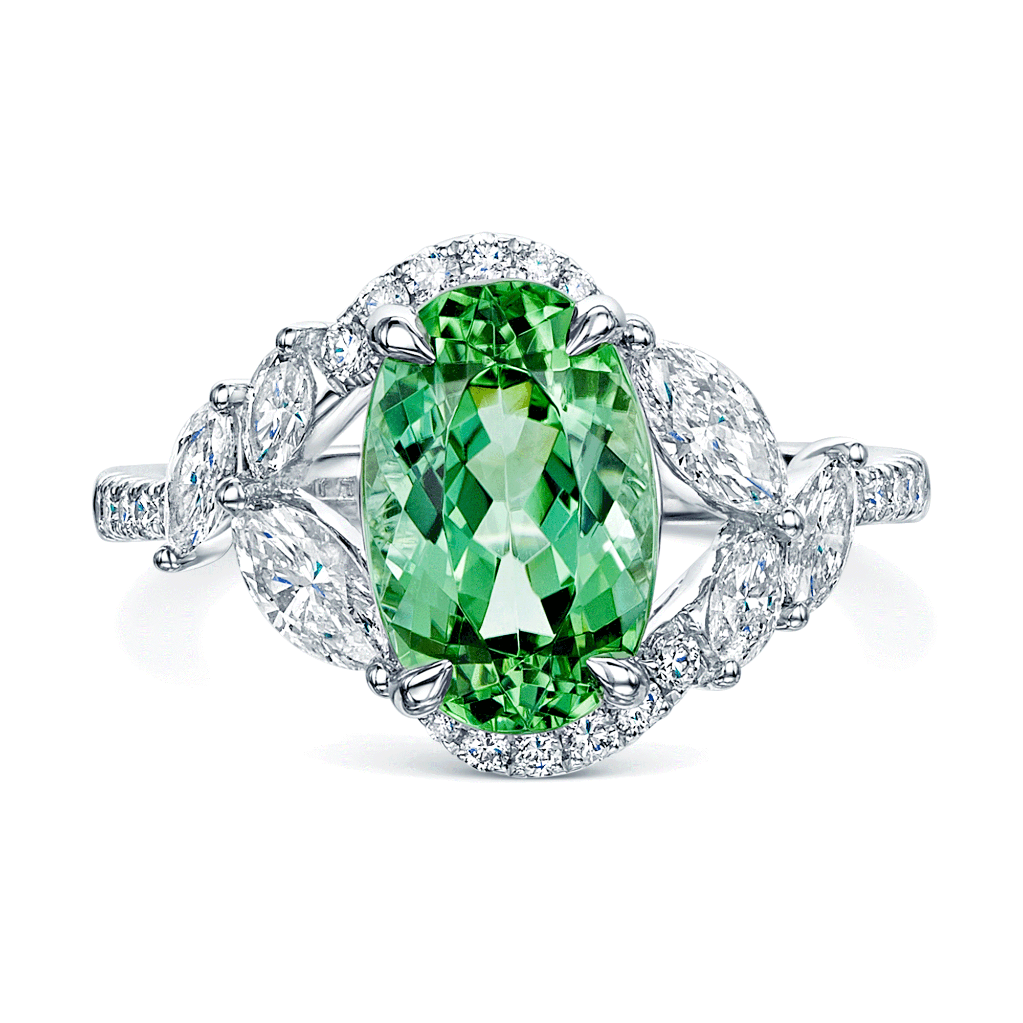 Platinum Oval Cut Green Tourmaline And Marquise And Round Brilliant Diamond Twist Ring