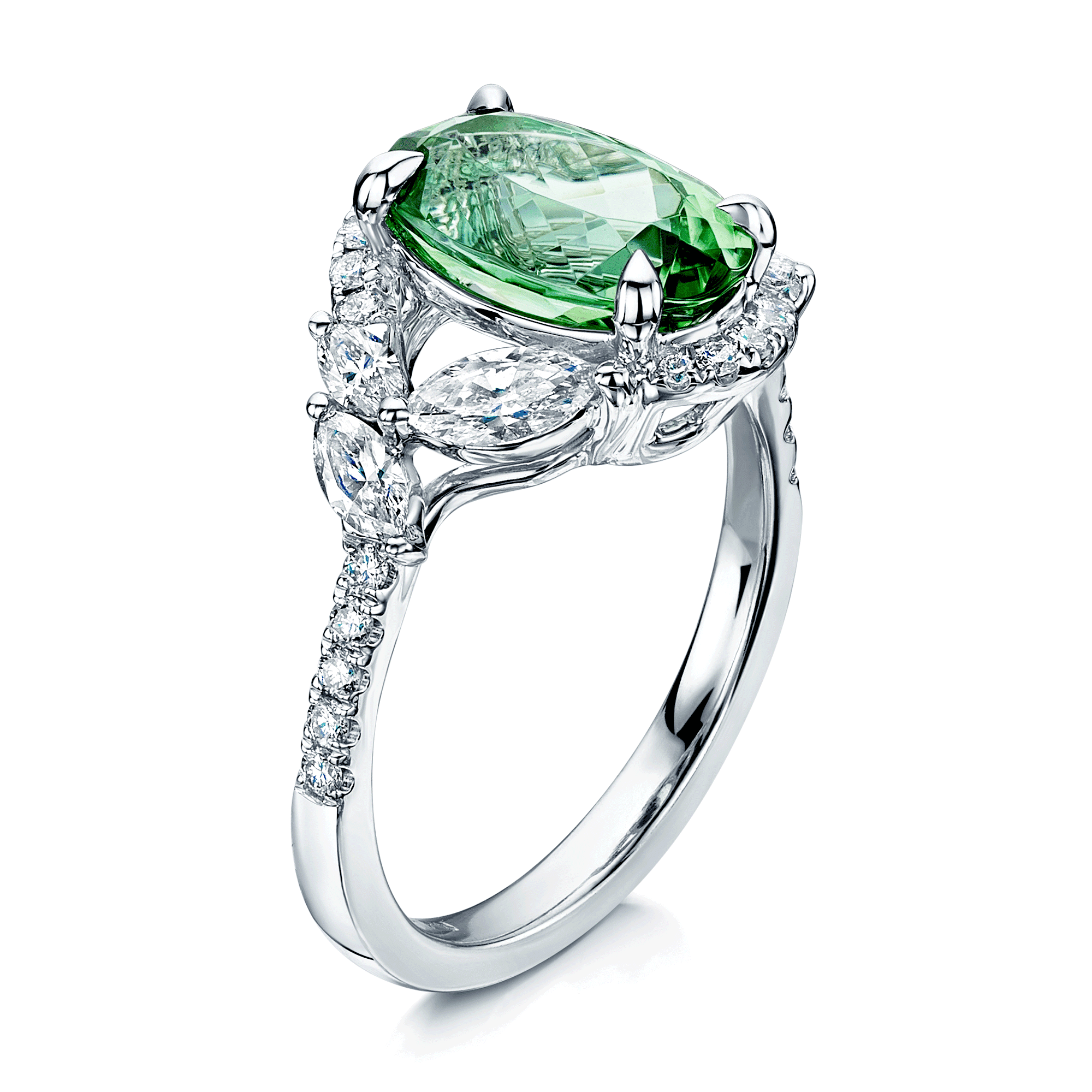 Platinum Oval Cut Green Tourmaline And Marquise And Round Brilliant Diamond Twist Ring