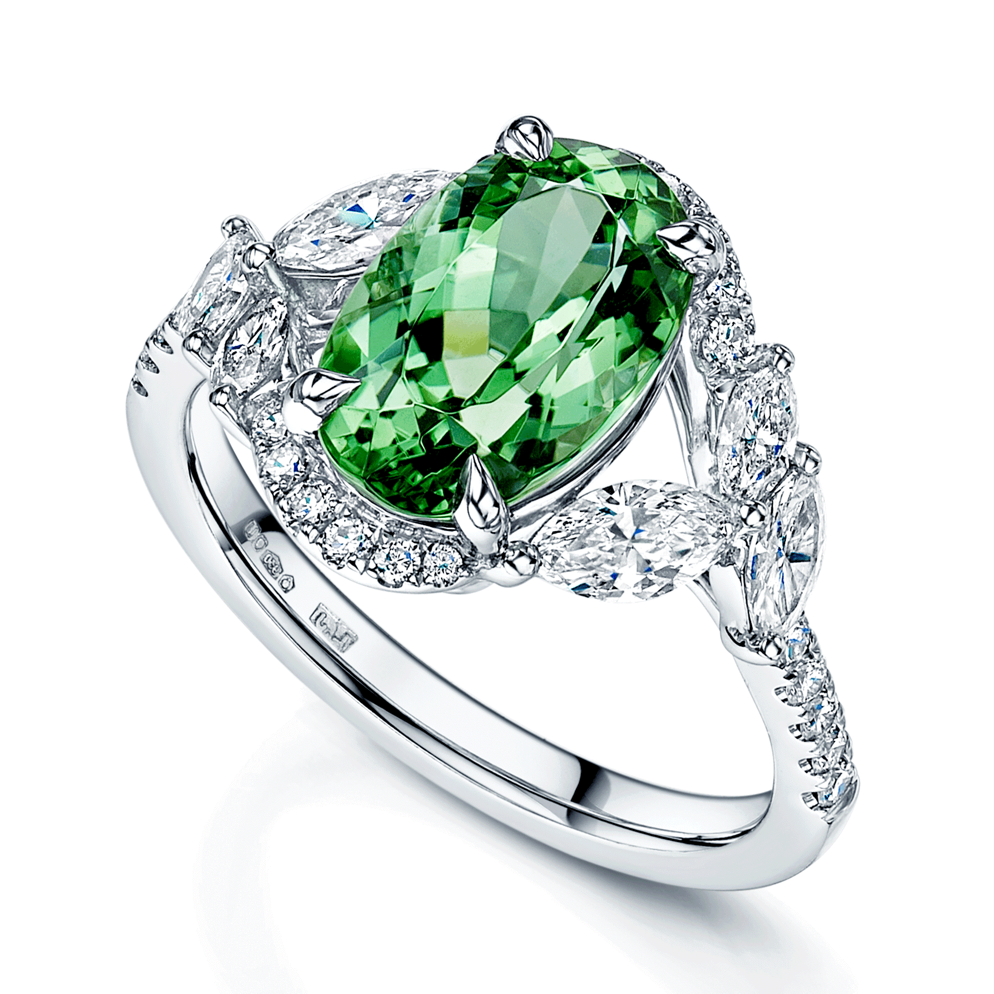 Berry's Platinum Oval Cut Green Tourmaline And Marquise And Round Brilliant Diamond Twist Ring - Berry's Jewellers