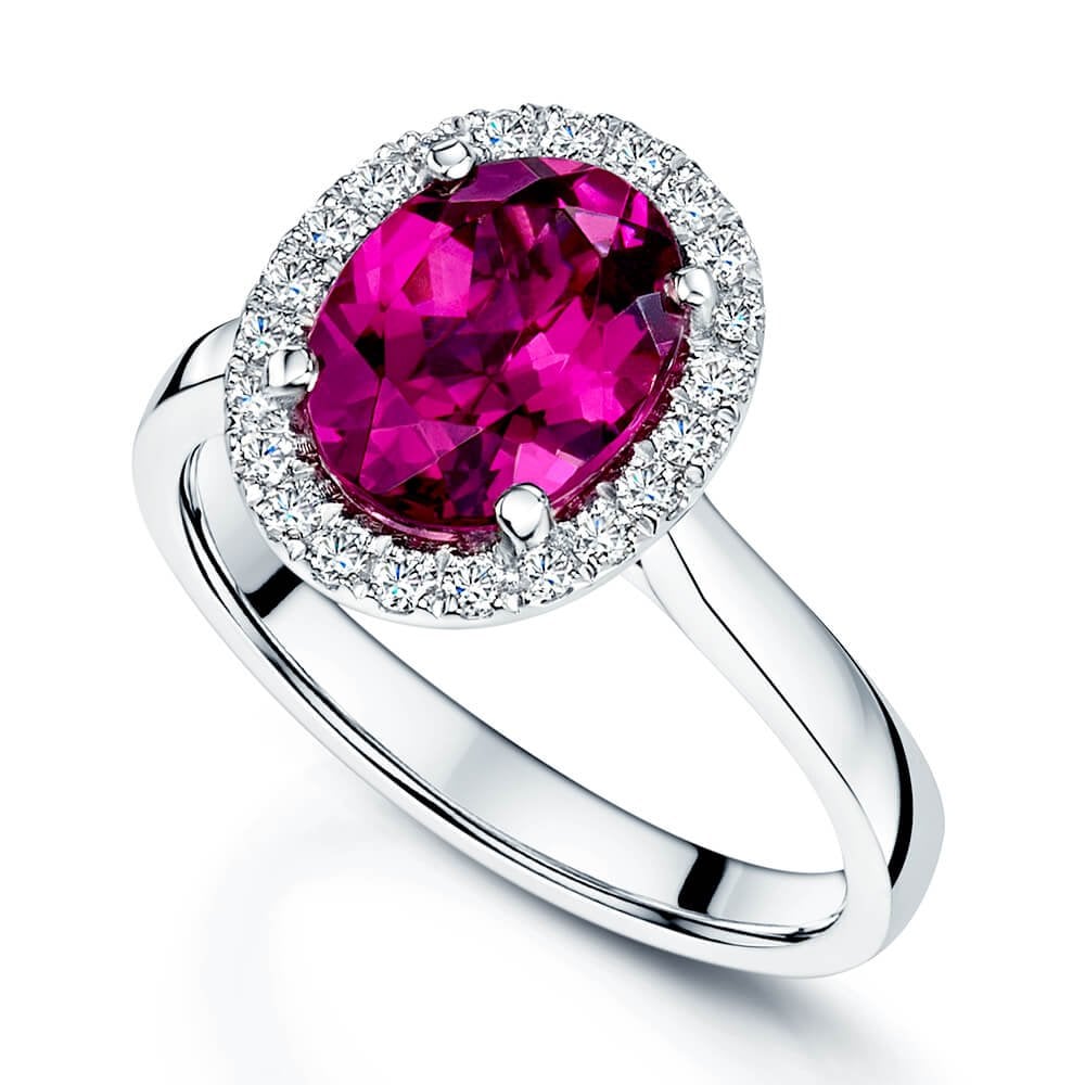 Platinum Oval Cut Rhodolite Garnet & Diamond Cluster Ring