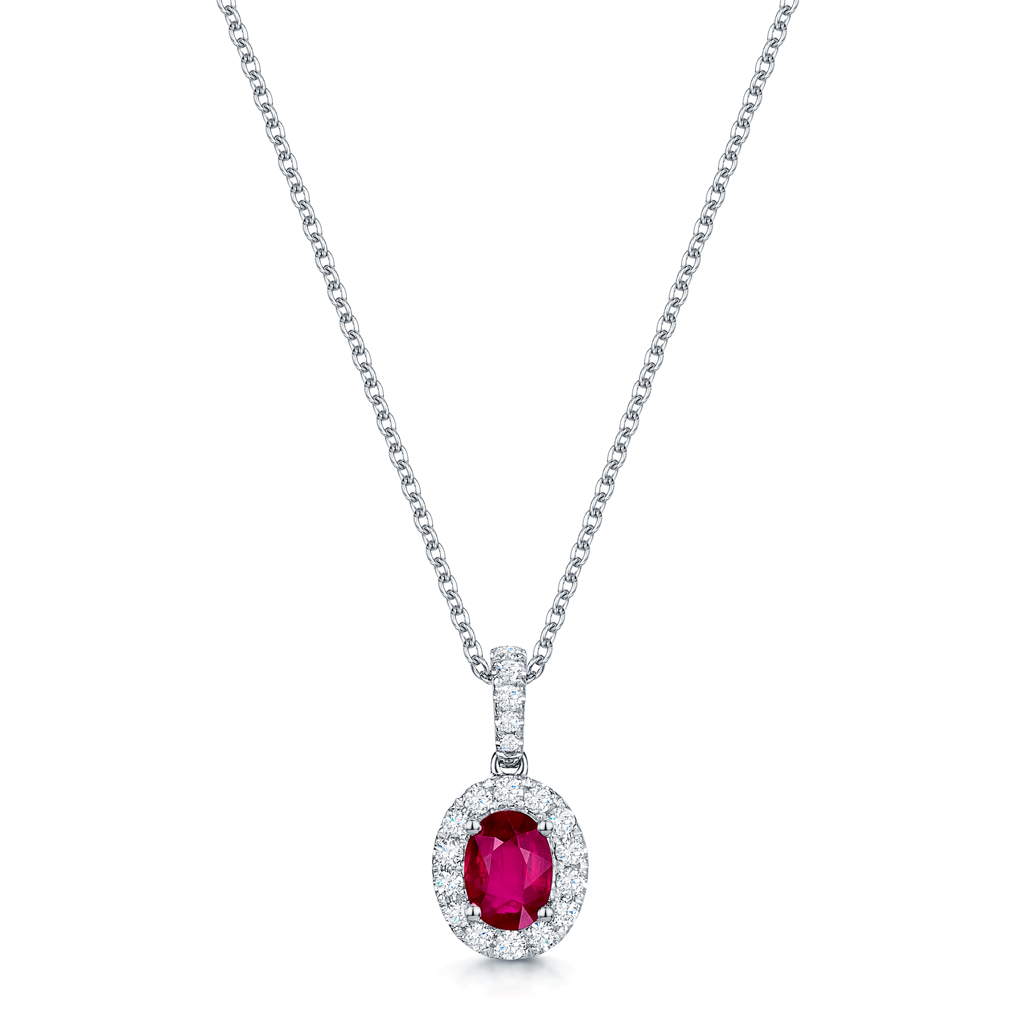 Berry's Platinum Oval Cut Ruby And Diamond Cluster Pendant - Berry's Jewellers