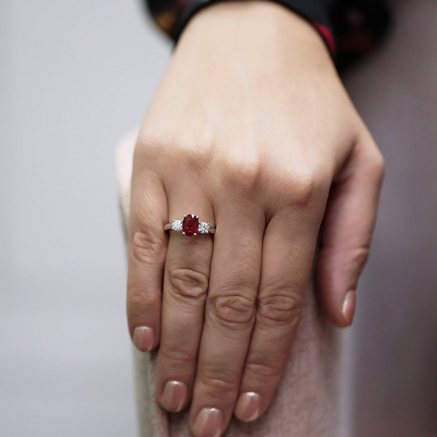 Berry's Platinum Oval Cut Ruby And Diamond Three Stone Ring - Berry's Jewellers