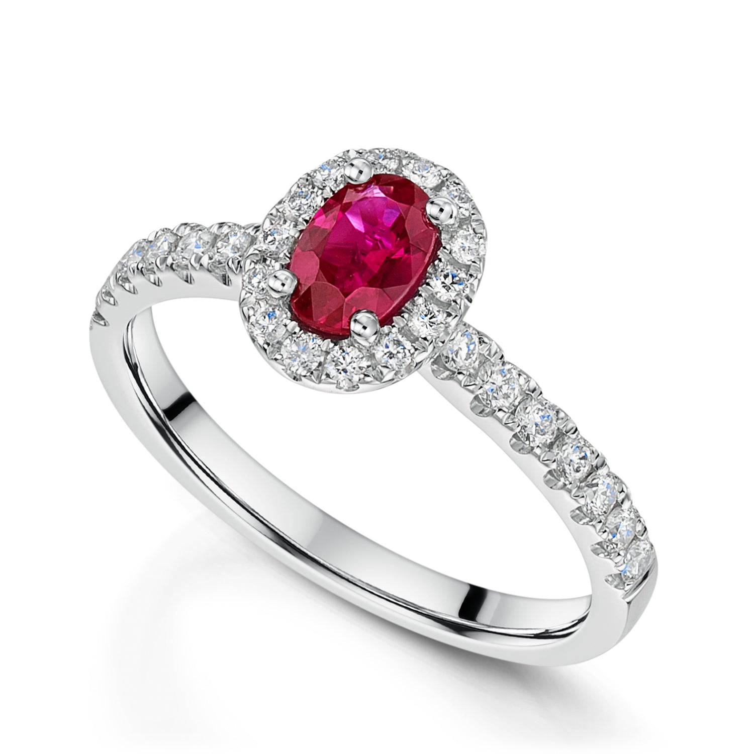 Berry's Platinum Oval Cut Ruby In a Diamond Halo Setting With Diamond Set Shoulders - Berry's Jewellers