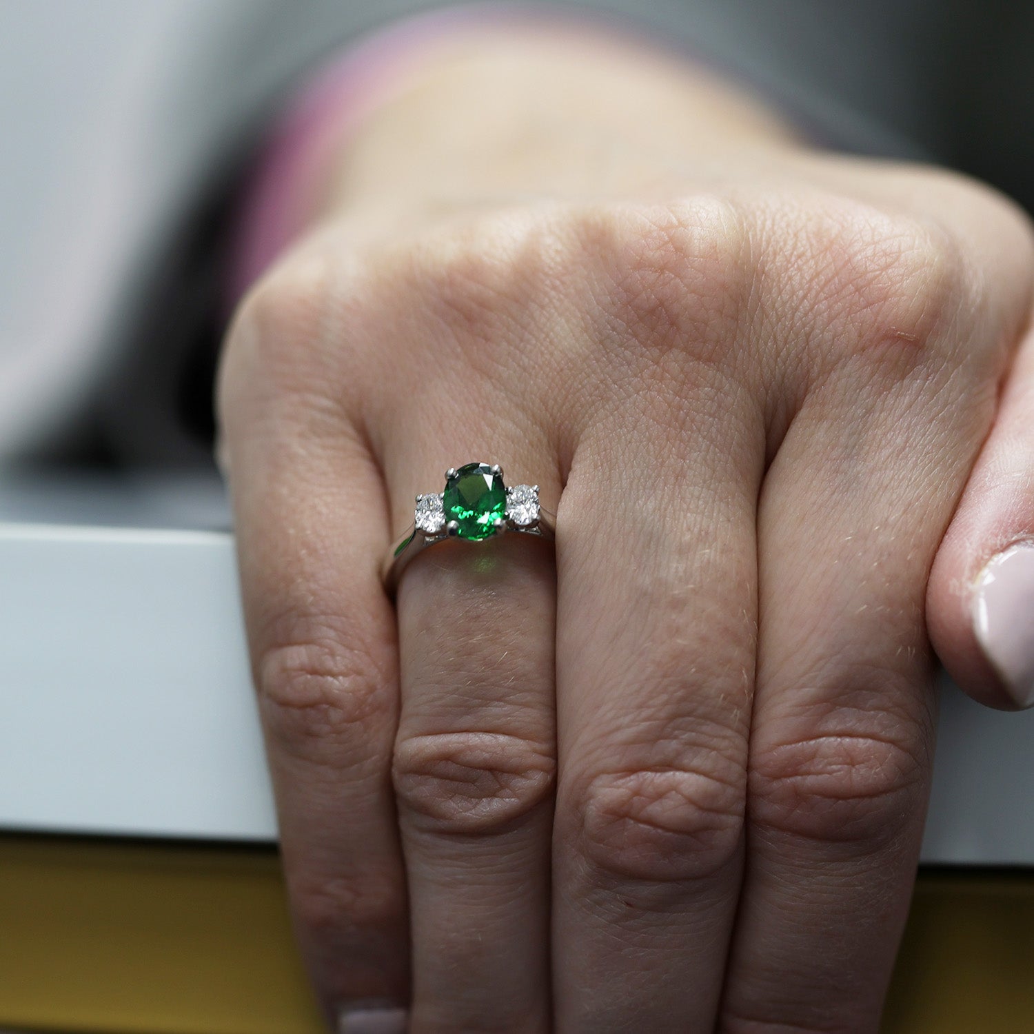 Berry's Platinum Oval Cut Tsavorite And  Diamond Three Stone Ring - Berry's Jewellers