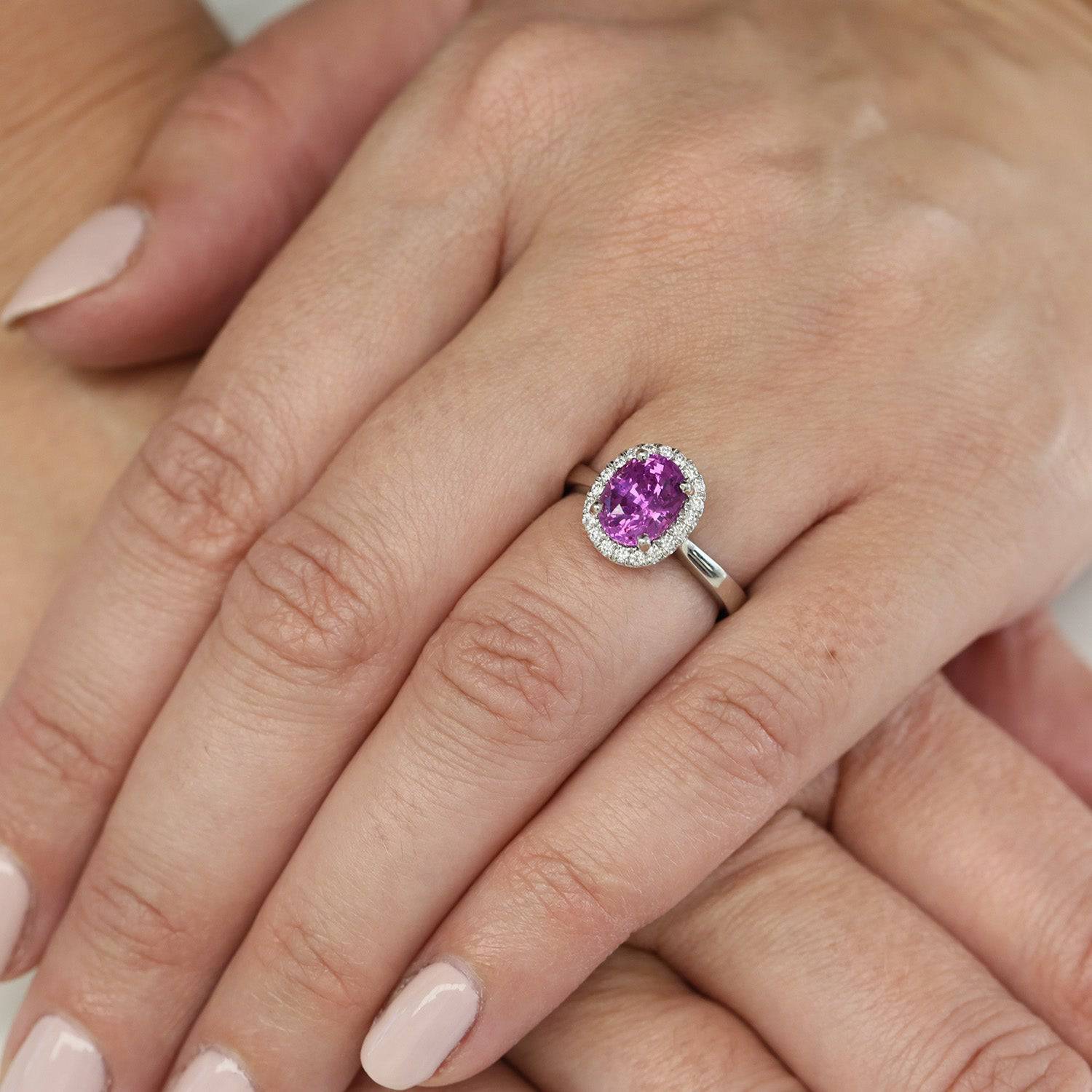 Platinum Oval Pink Sapphire & Diamond Claw Set Cluster Ring