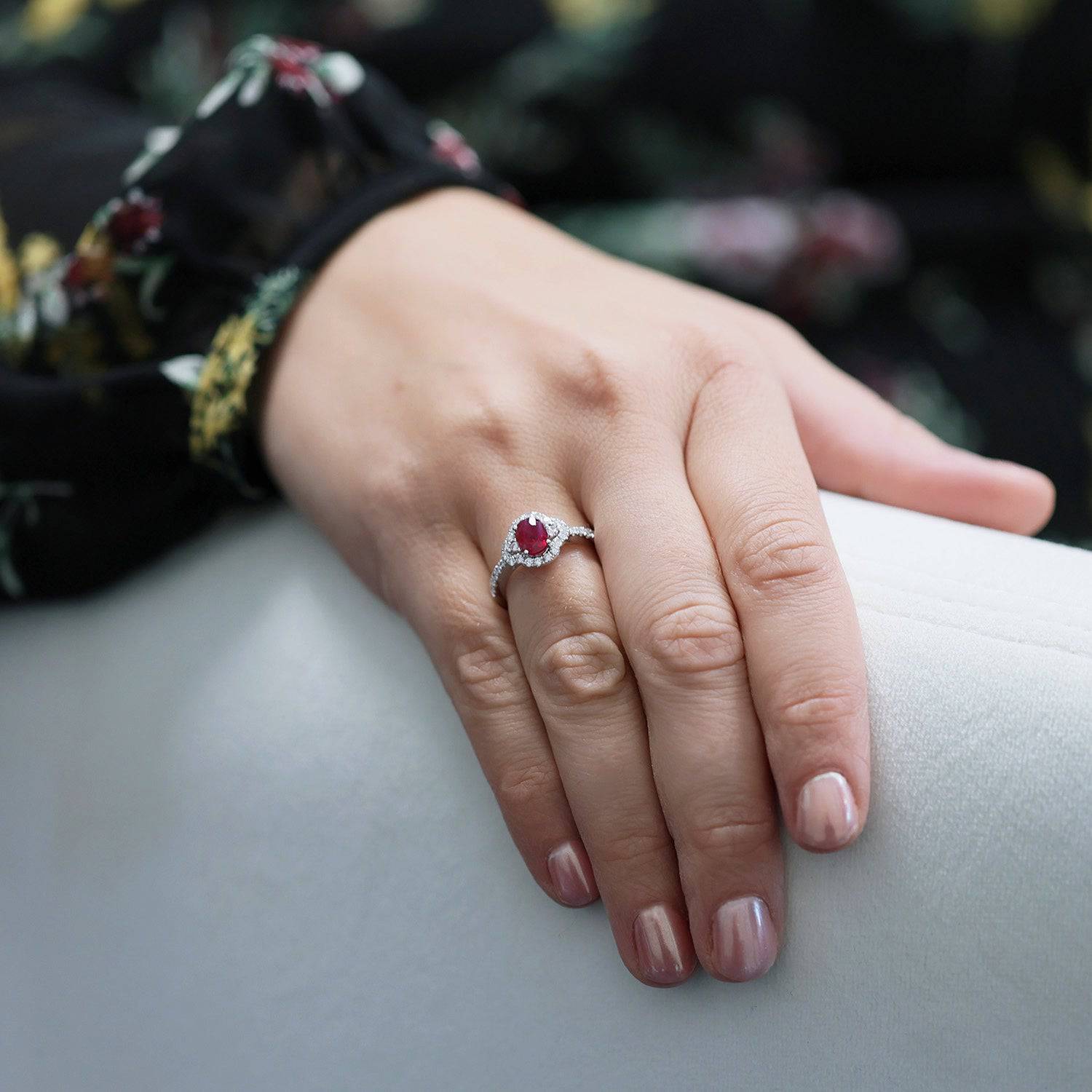 Berry's Platinum Oval Ruby And Diamond Halo Ring With Diamond Shoulders - Berry's Jewellers