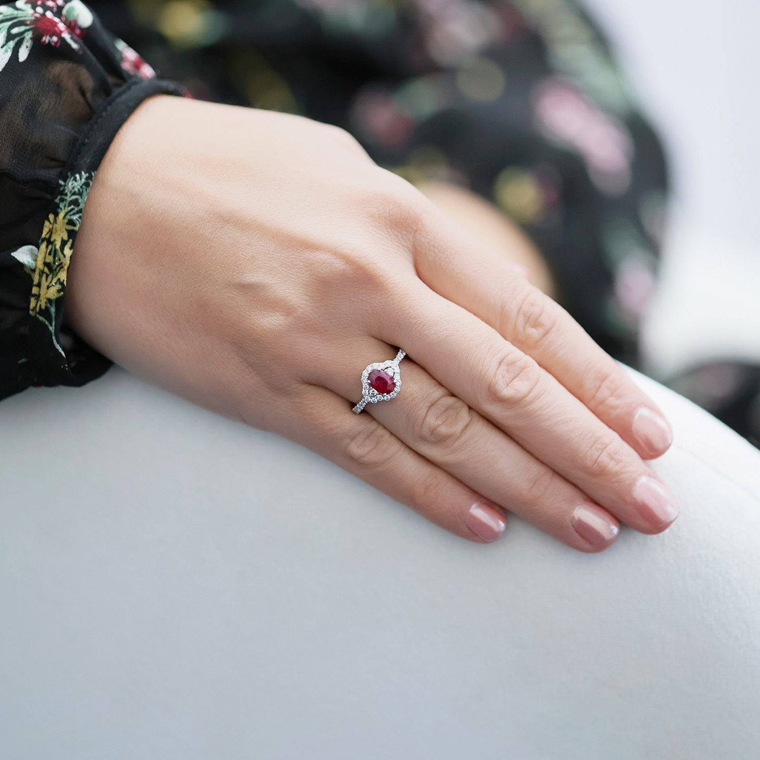 Platinum Oval Ruby And Diamond Halo Ring With Diamond Shoulders