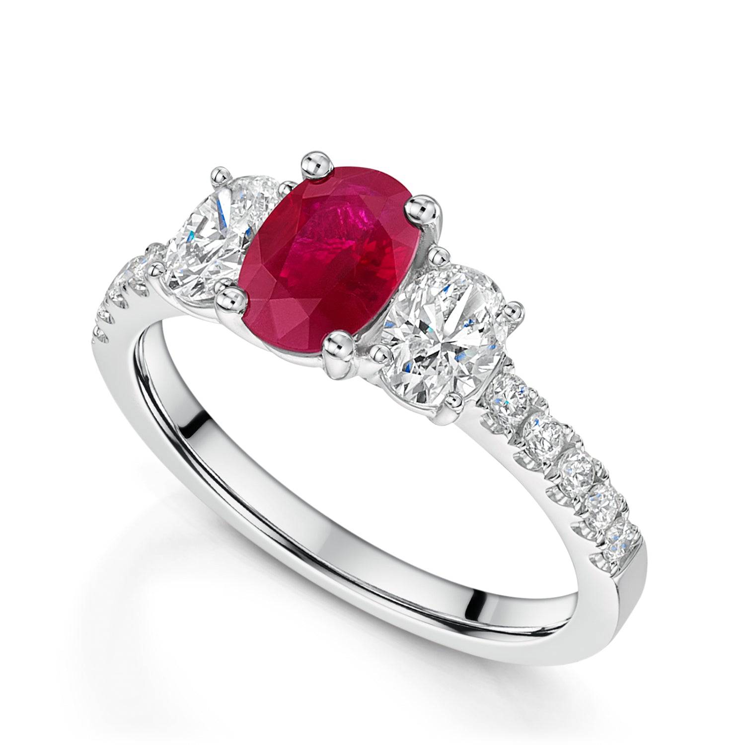 Platinum Oval Ruby And Diamond Three Stone Ring