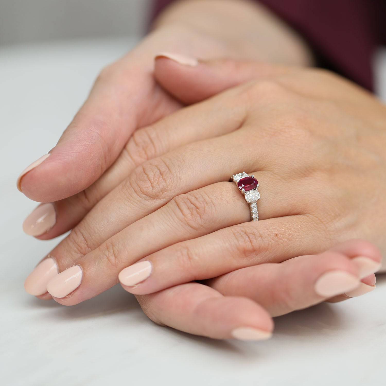 Platinum Oval Ruby And Diamond Three Stone Ring