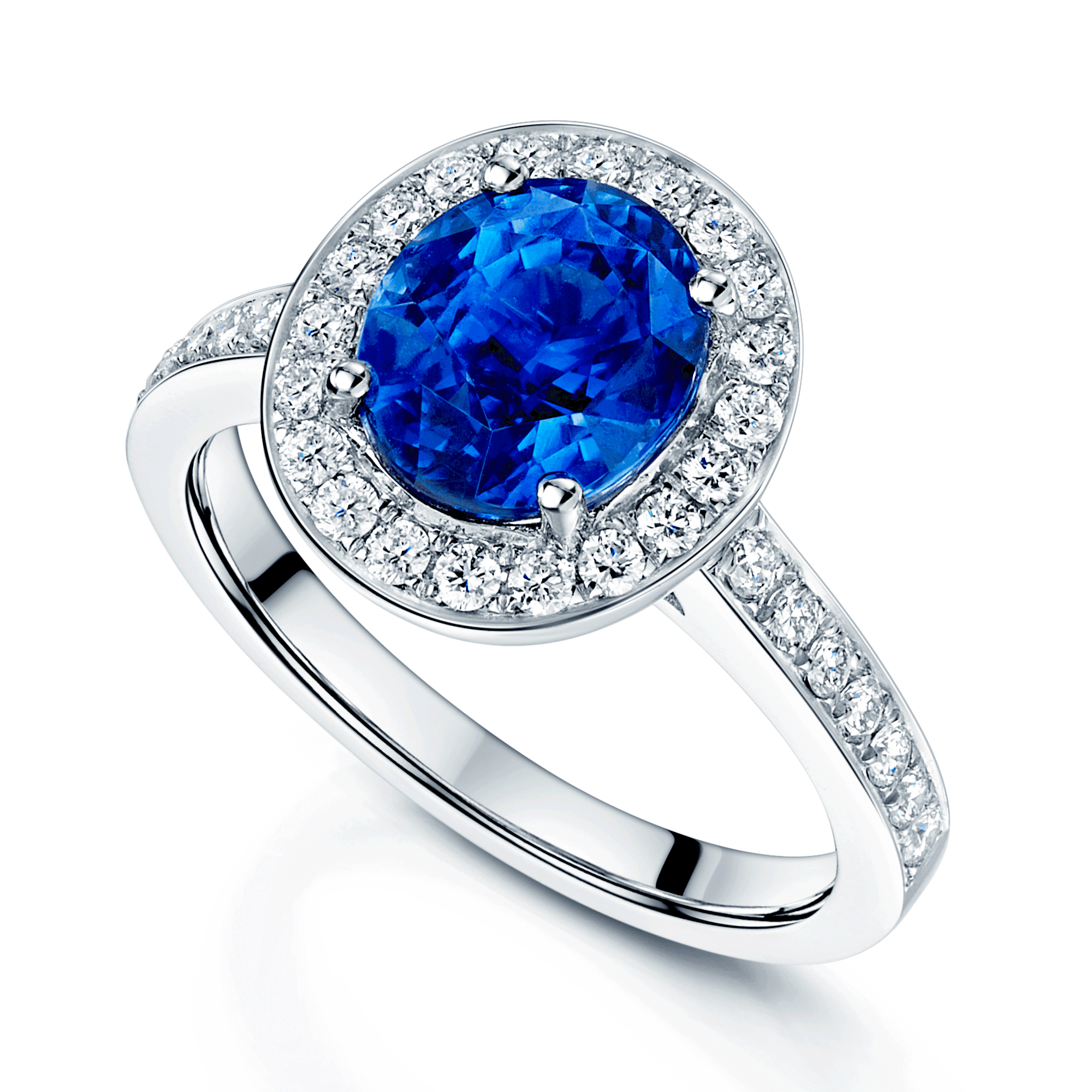 Berry's Platinum Oval Sapphire And Diamond Grain Set Halo Cluster Ring With Diamond Shoulders - Berry's Jewellers