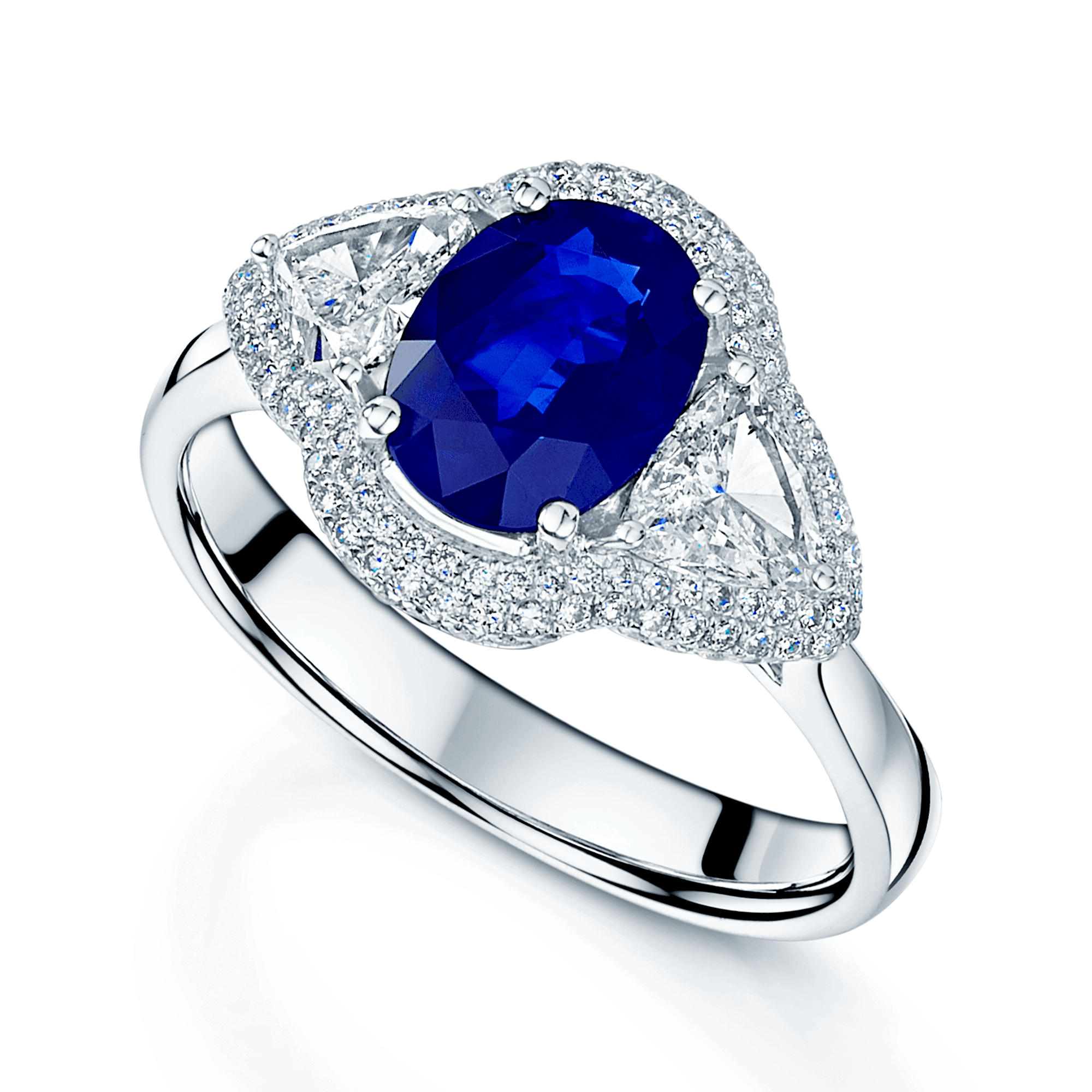 Berry's Platinum Oval Sapphire And Trilliant Cut Diamond Fancy Cluster Ring With Round Brilliant Diamond Surround - Berry's Jewellers