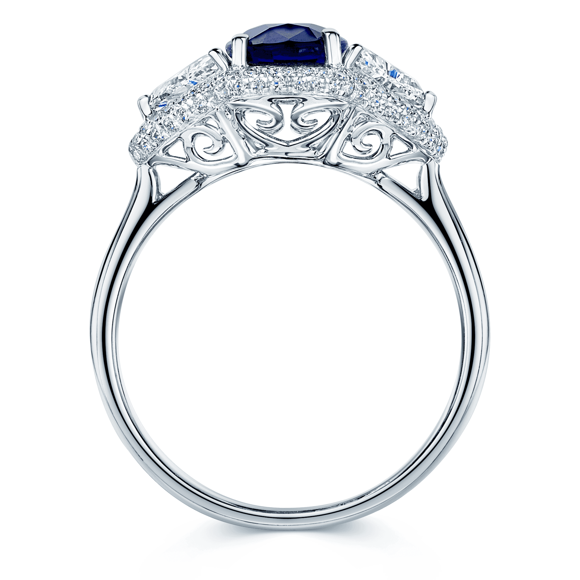 Berry's Platinum Oval Sapphire And Trilliant Cut Diamond Fancy Cluster Ring With Round Brilliant Diamond Surround - Berry's Jewellers