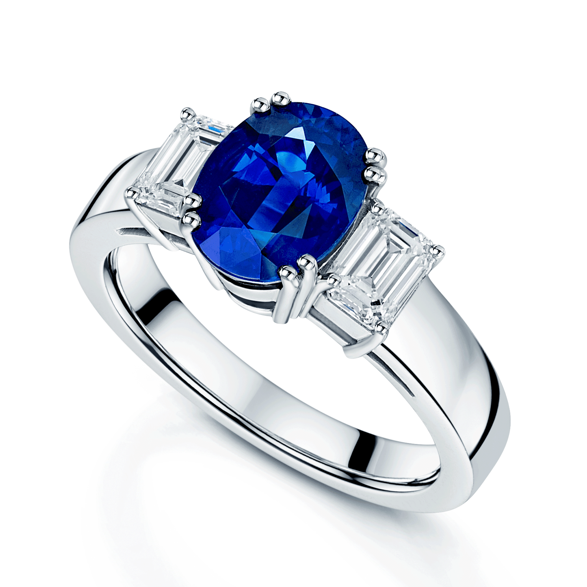 Berry's Platinum Oval Sapphire & Emerald Cut Diamond Three Stone Ring - Berry's Jewellers