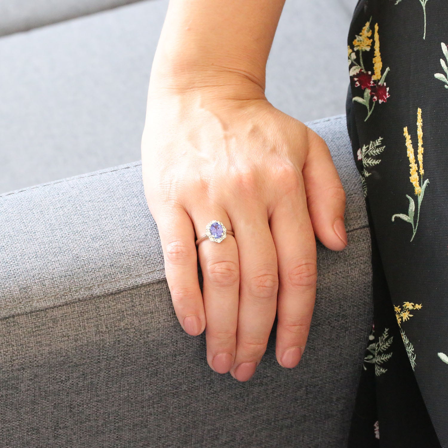 Platinum Oval Tanzanite And Round Brilliant Diamond Cluster Ring