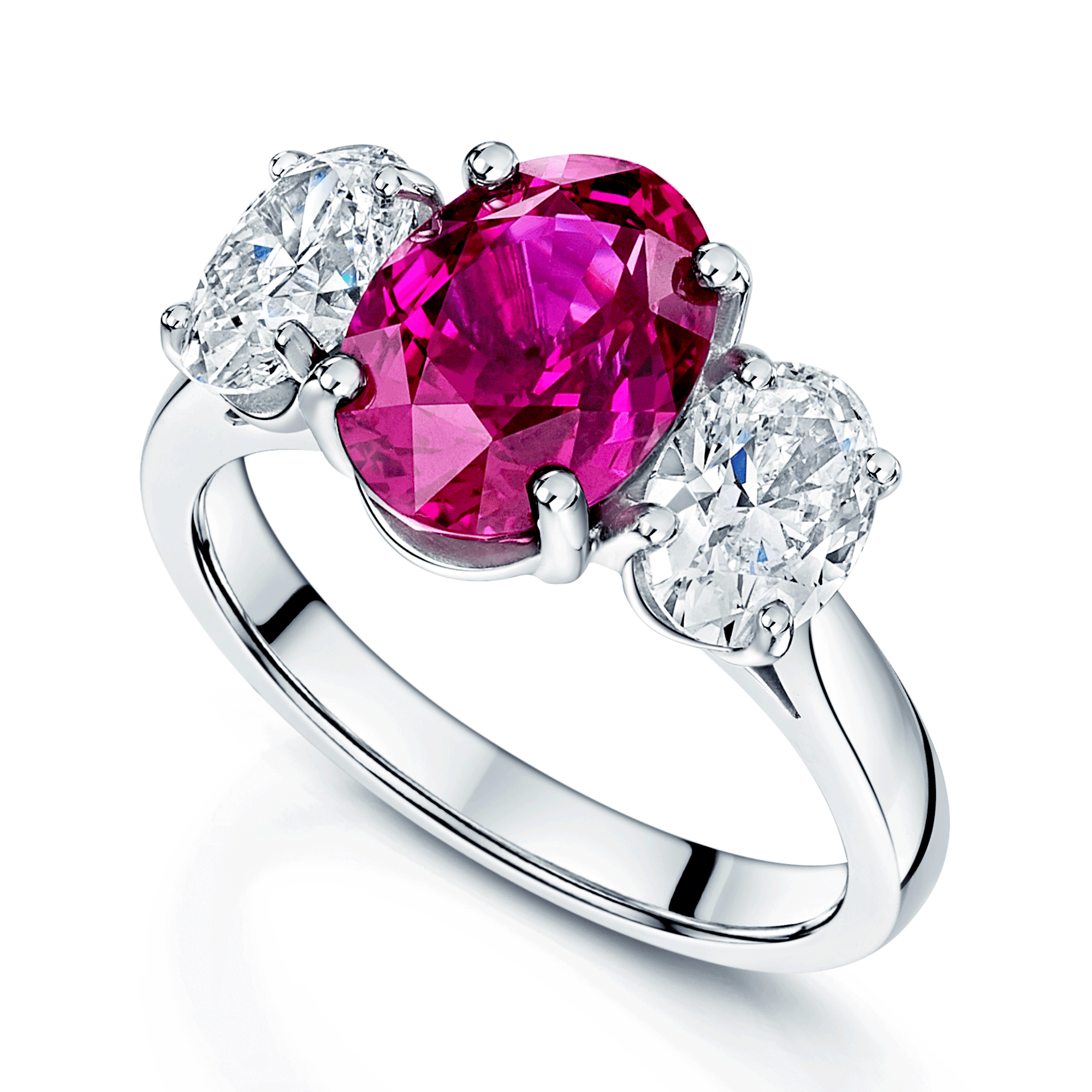 Platinum Oval Unheated Madagascan Ruby And Oval Diamond Three Stone Ring