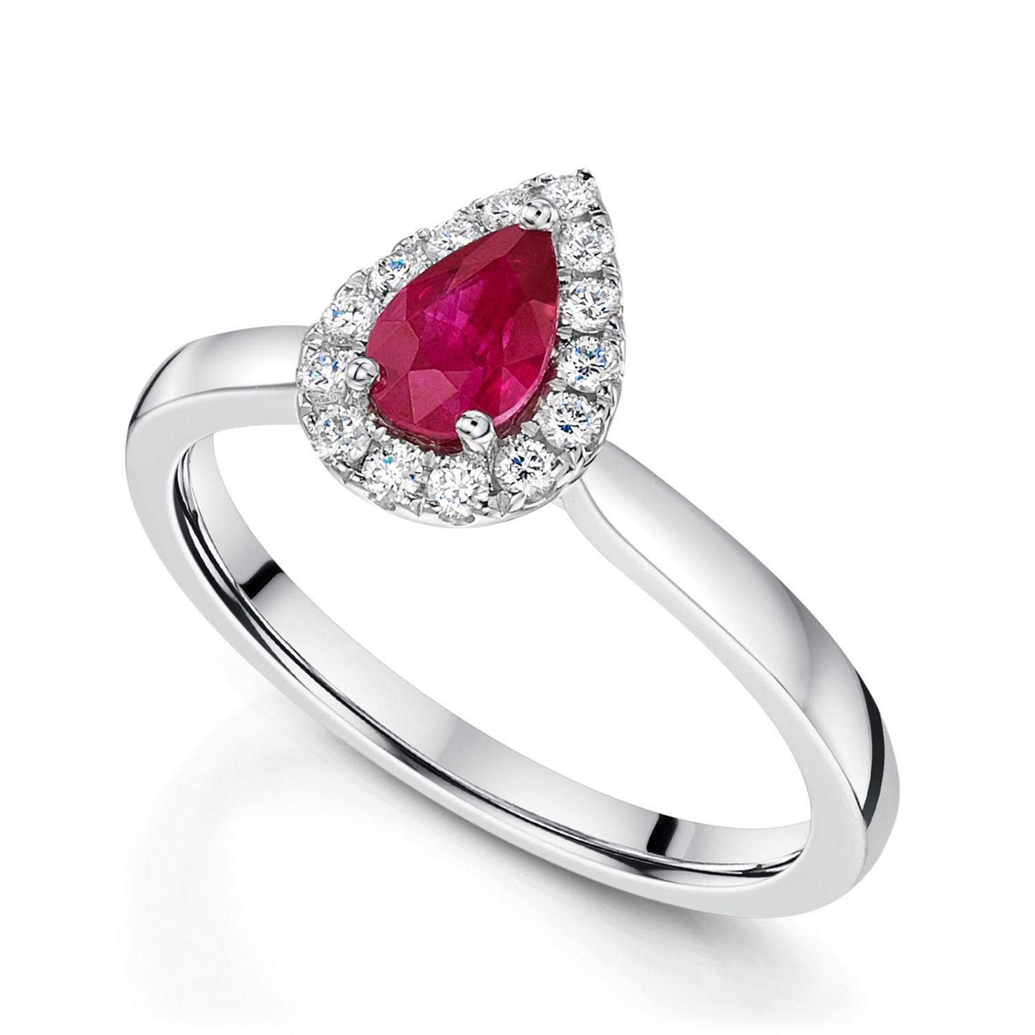 Berry's Platinum Pear Cut Ruby Ring With Diamond Halo - Berry's Jewellers