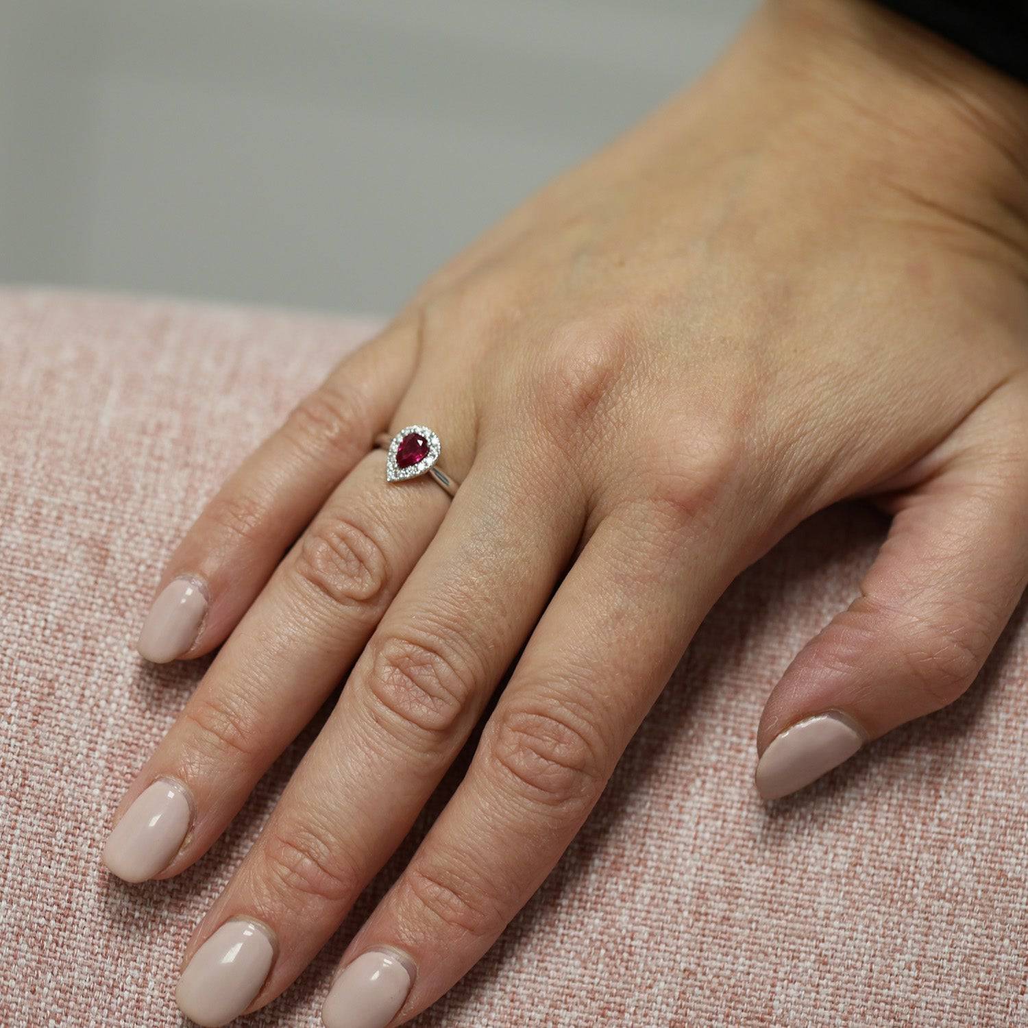 Berry's Platinum Pear Cut Ruby Ring With Diamond Halo - Berry's Jewellers