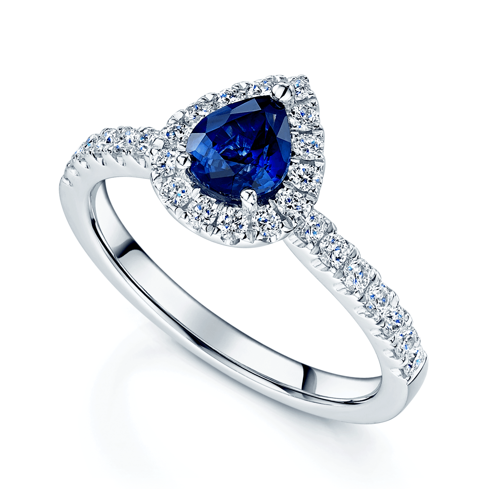 Berry's Platinum Pear Sapphire Ring With Diamond Halo Surround And Shoulders - Berry's Jewellers