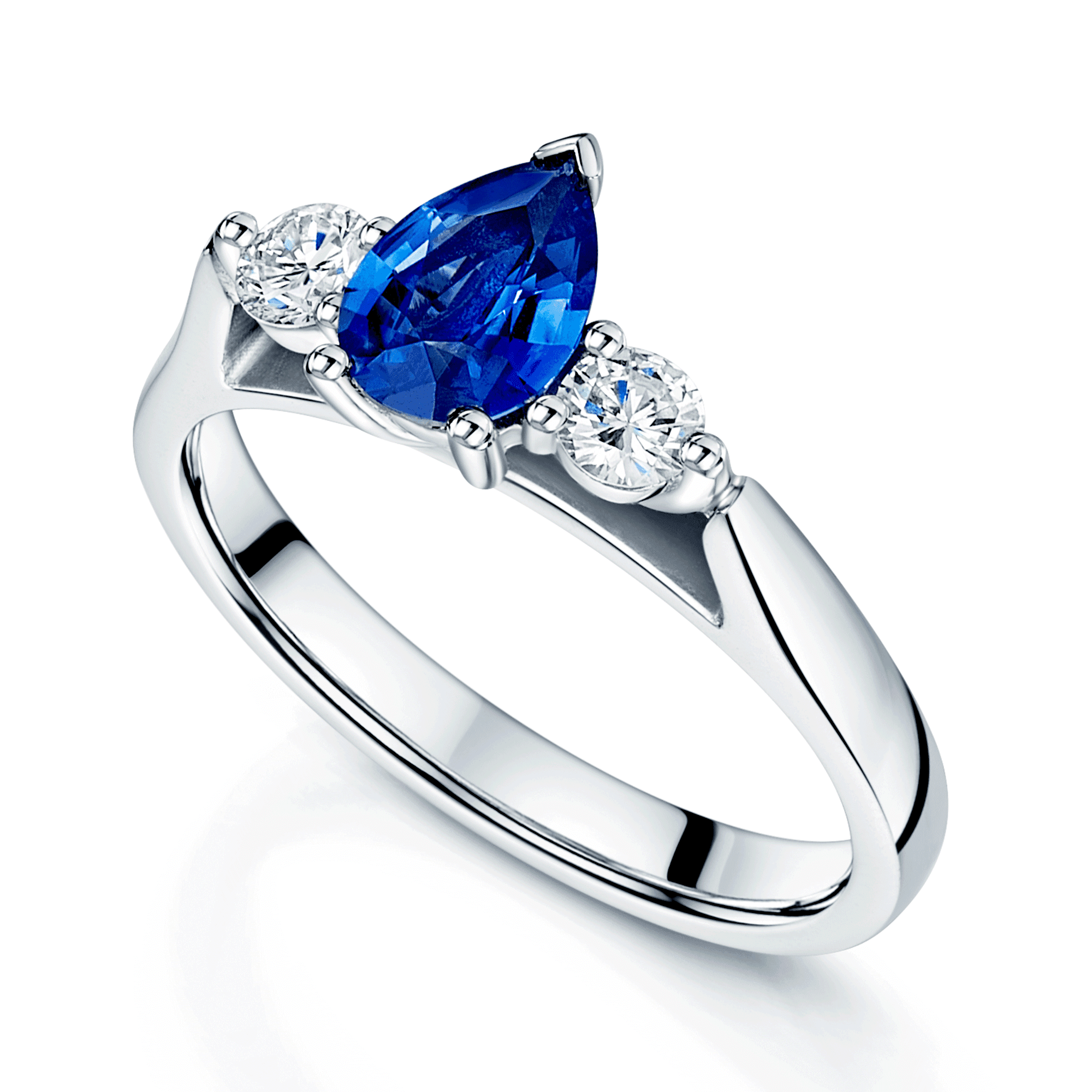 Berry's Platinum Pear Shape Sapphire & Round Brilliant Cut Diamond Three Stone Ring - Berry's Jewellers