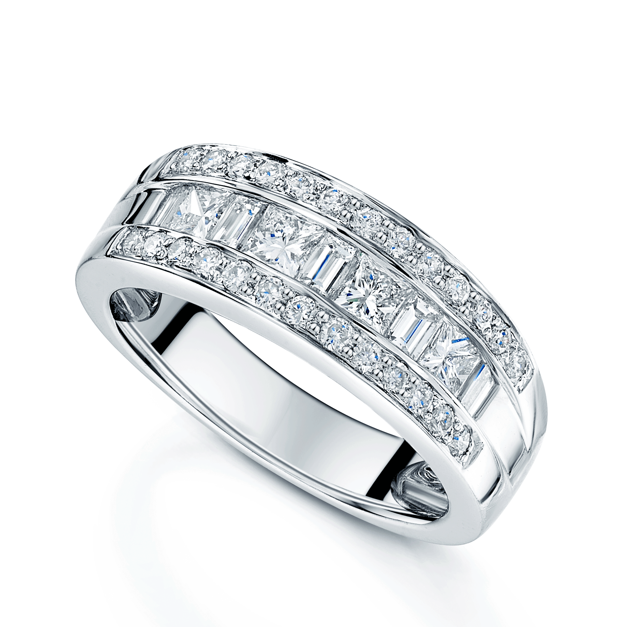 Berry's Platinum Princess, Baguette & Round Brilliant Cut Diamond Three Row Ring - Berry's Jewellers