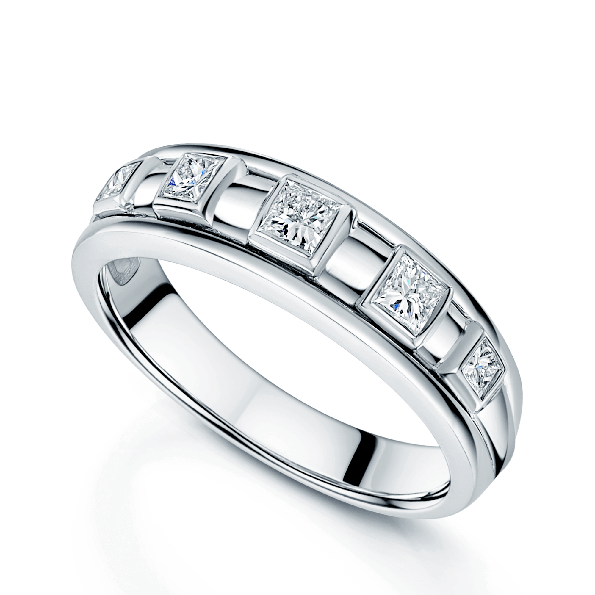 Platinum Princess Cut Diamond Five Stone Rub Over Eternity Ring